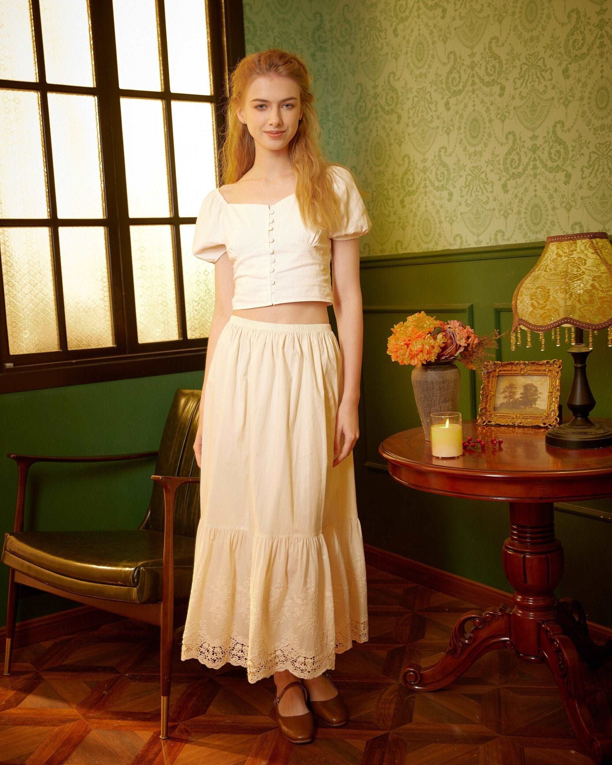 Petticoat Cotton Half Slip Women Skirt Extender with Embroidery Lace Hem Underskirt Elastic Waistband Ivory and Cream