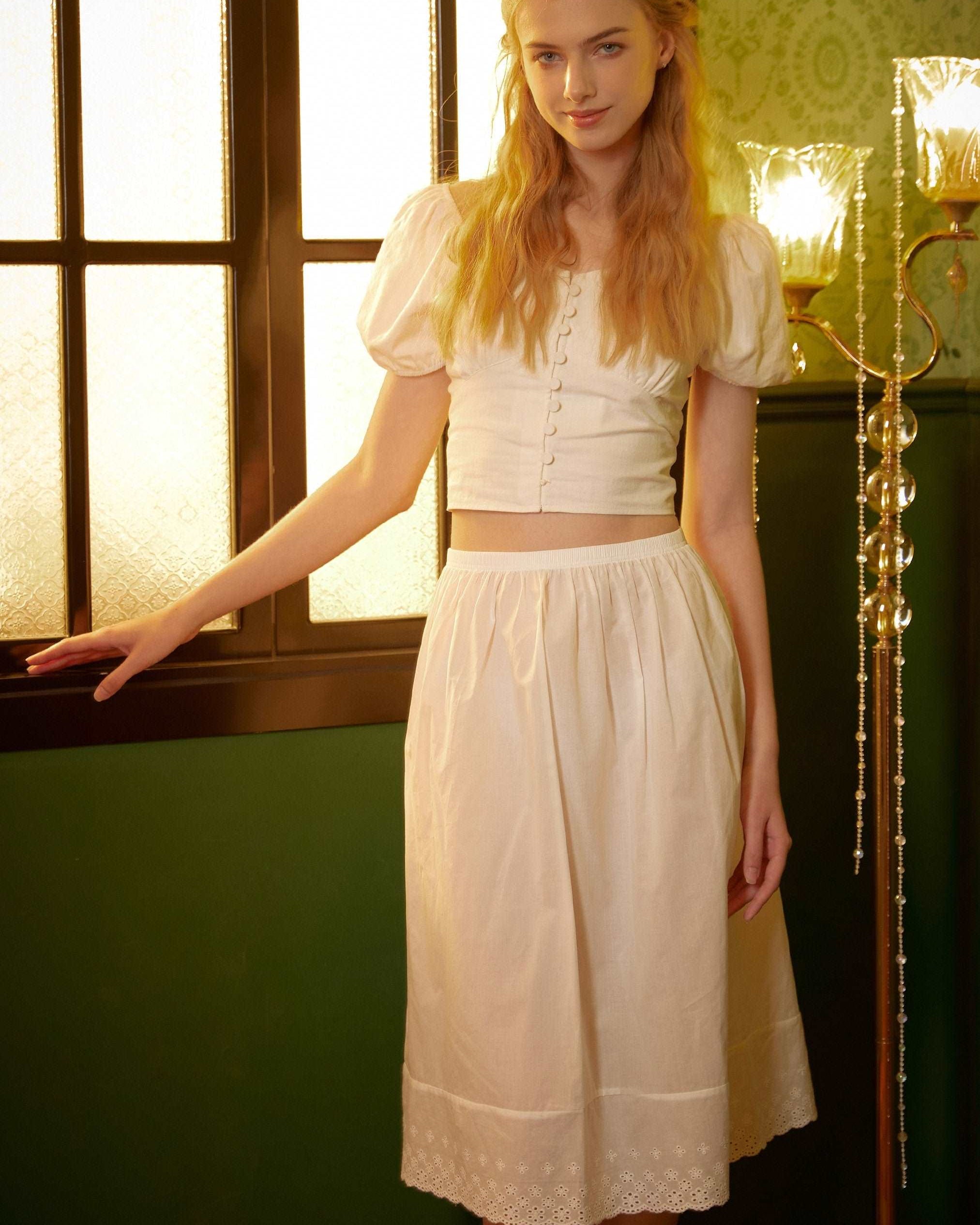 Half Slip Cotton Lace Petticoat Skirt Extender Unterrock Embroidery Ivory Underskirt Elastic Waistband White Slip Different Lengths