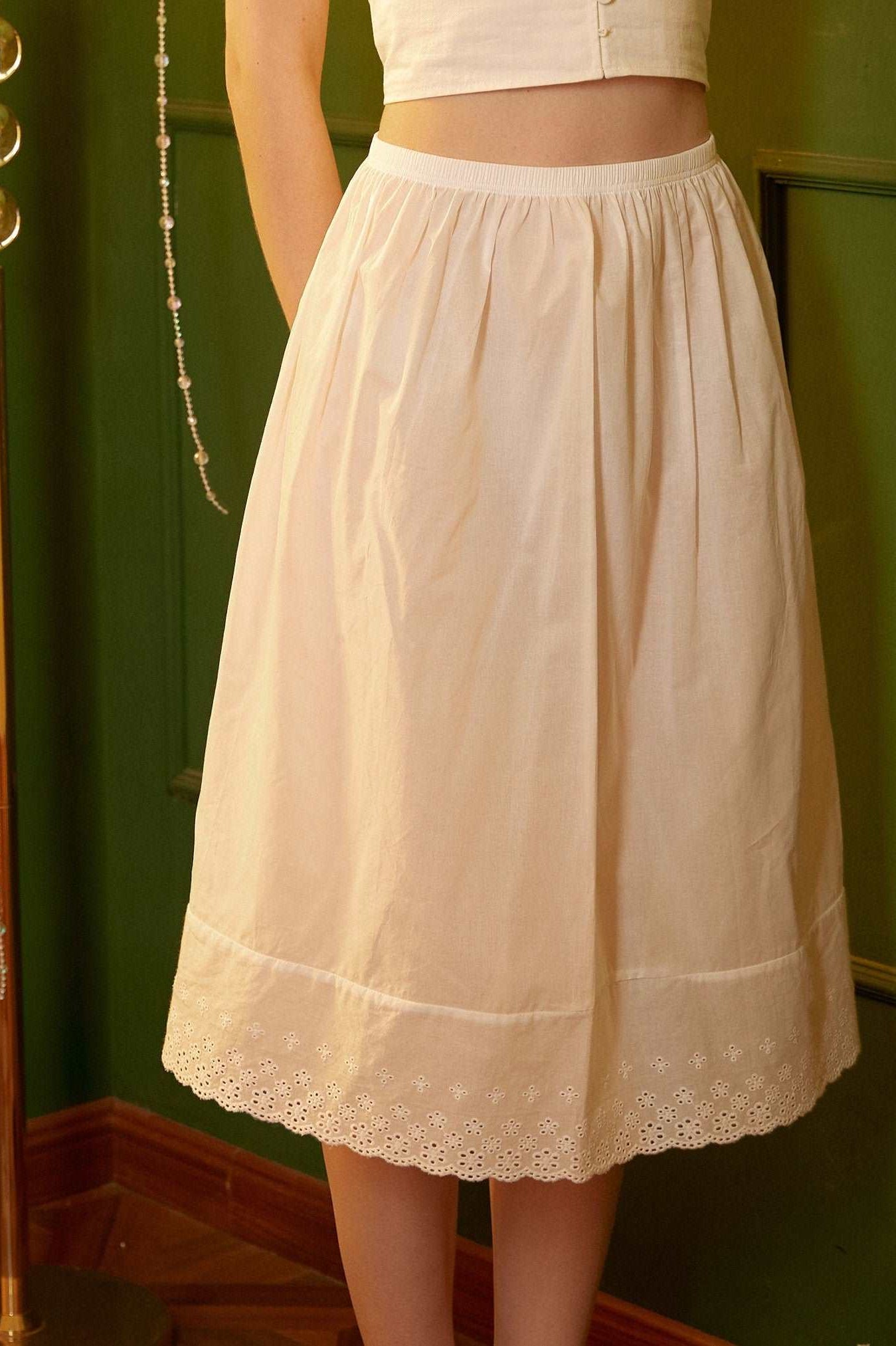 Half Slip Cotton Lace Petticoat Skirt Extender Unterrock Embroidery Ivory Underskirt Elastic Waistband White Slip Different Lengths