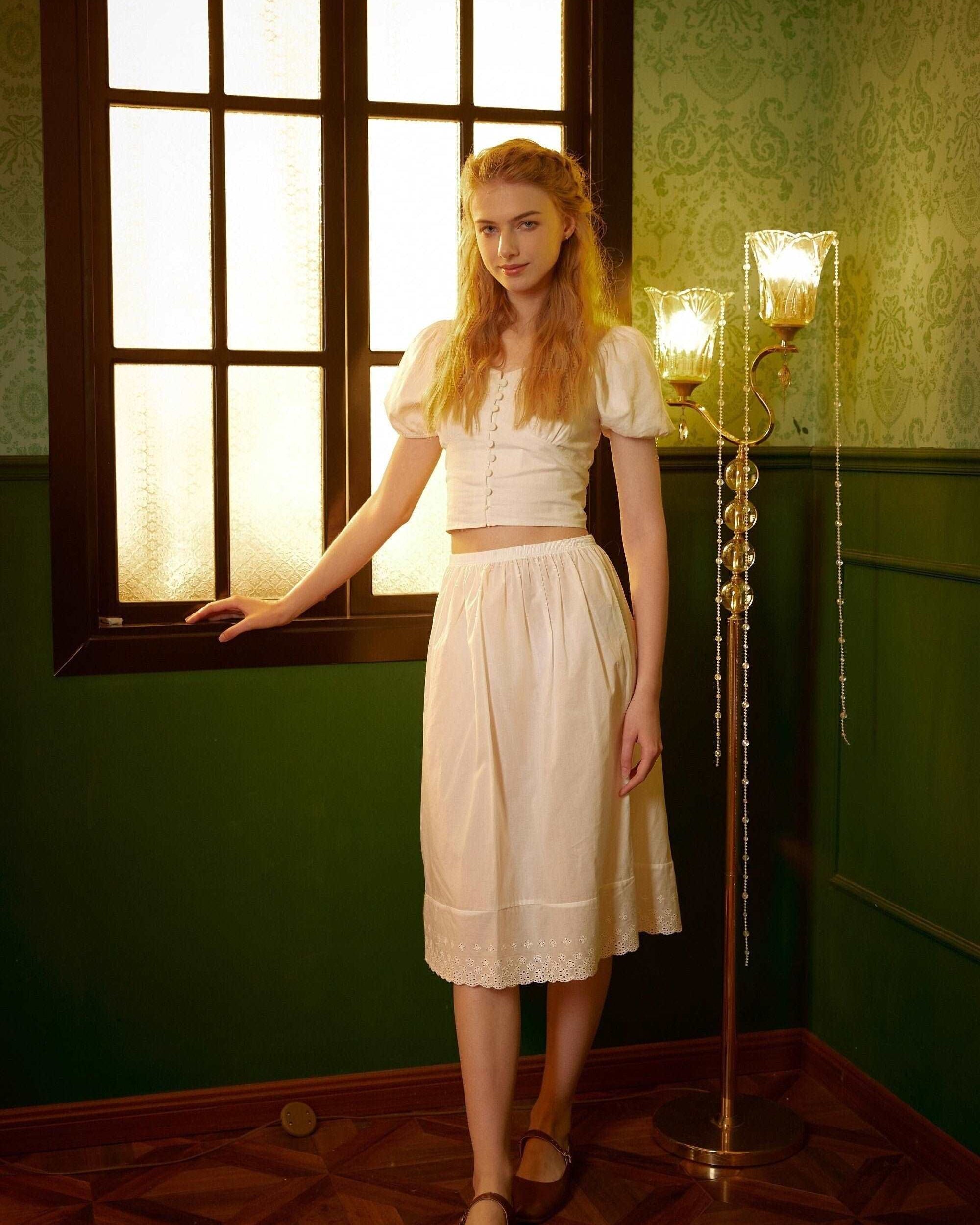 Half Slip Cotton Lace Petticoat Skirt Extender Unterrock Embroidery Ivory Underskirt Elastic Waistband White Slip Different Lengths