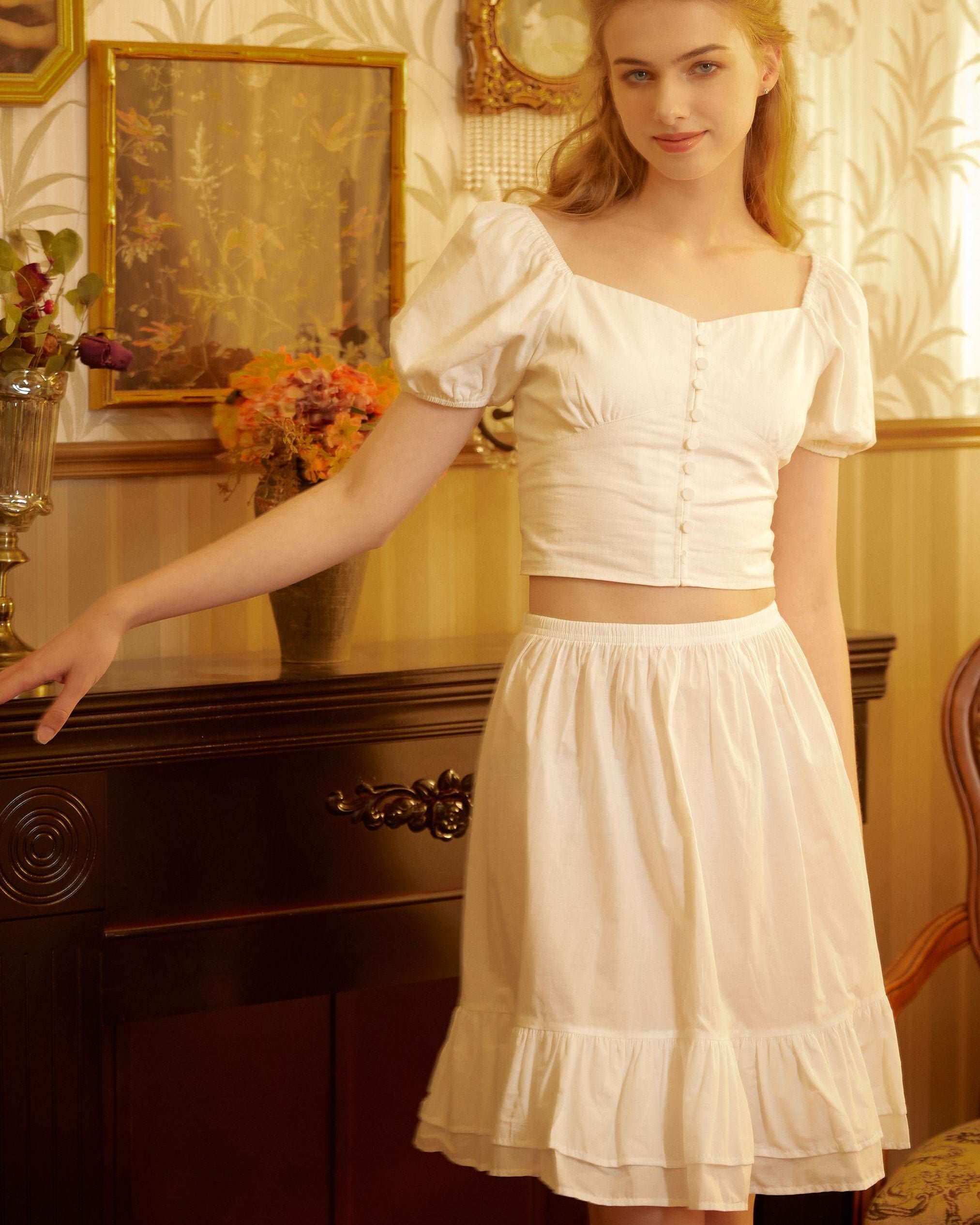 Cotton Petticoat Skirt Half Slip Underskirt Knee Length Skirt Extender Ruffles Retro Style