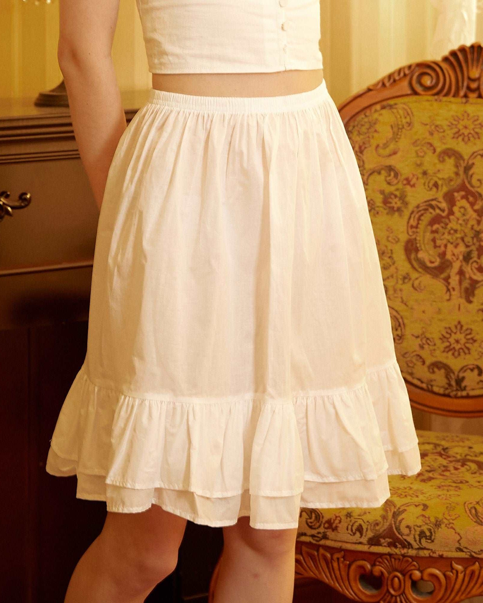 Cotton Petticoat Skirt Half Slip Underskirt Knee Length Skirt Extender Ruffles Retro Style
