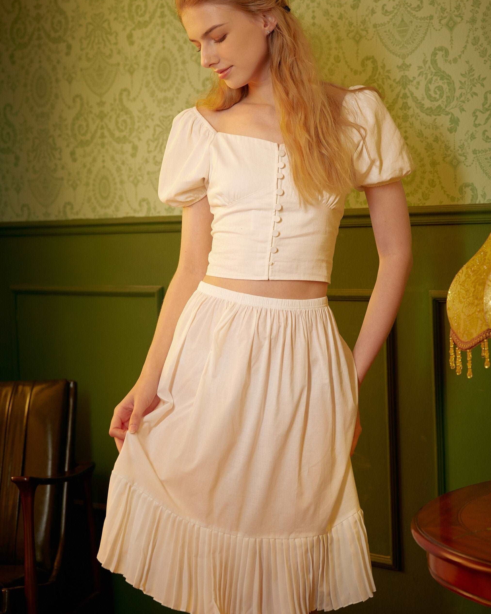 Half Slip Cotton Pleated Skirt Design Petticoat Skirt Extender Unterrock Vintage Inspired Underskirt Ivory Knee Length Elastic Waistband