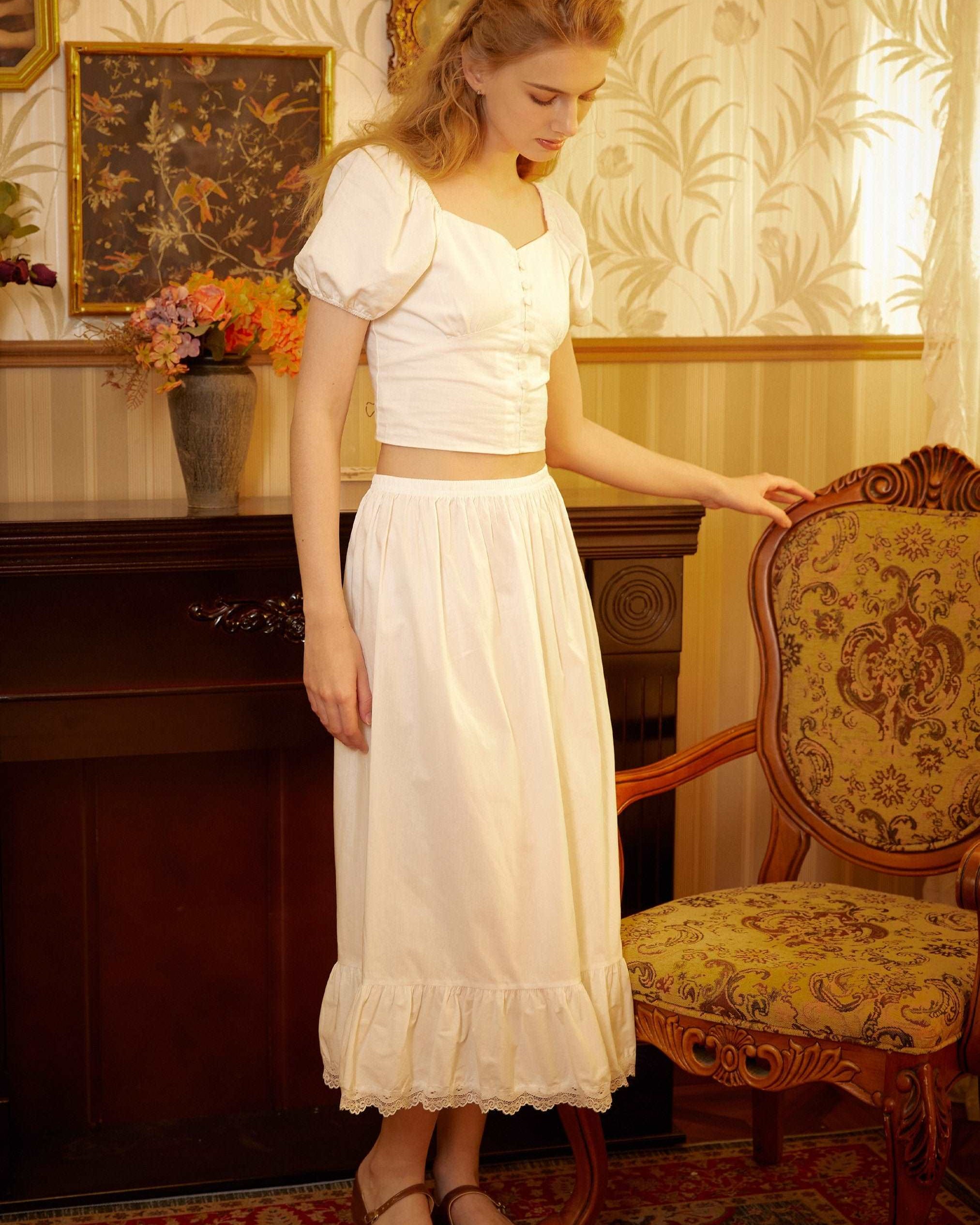 Petticoat Skirt Cotton Slip Victorian long Petticoat Skirt Extender White Underskirt with Lace Trim Ivory/Navy Blue/Black