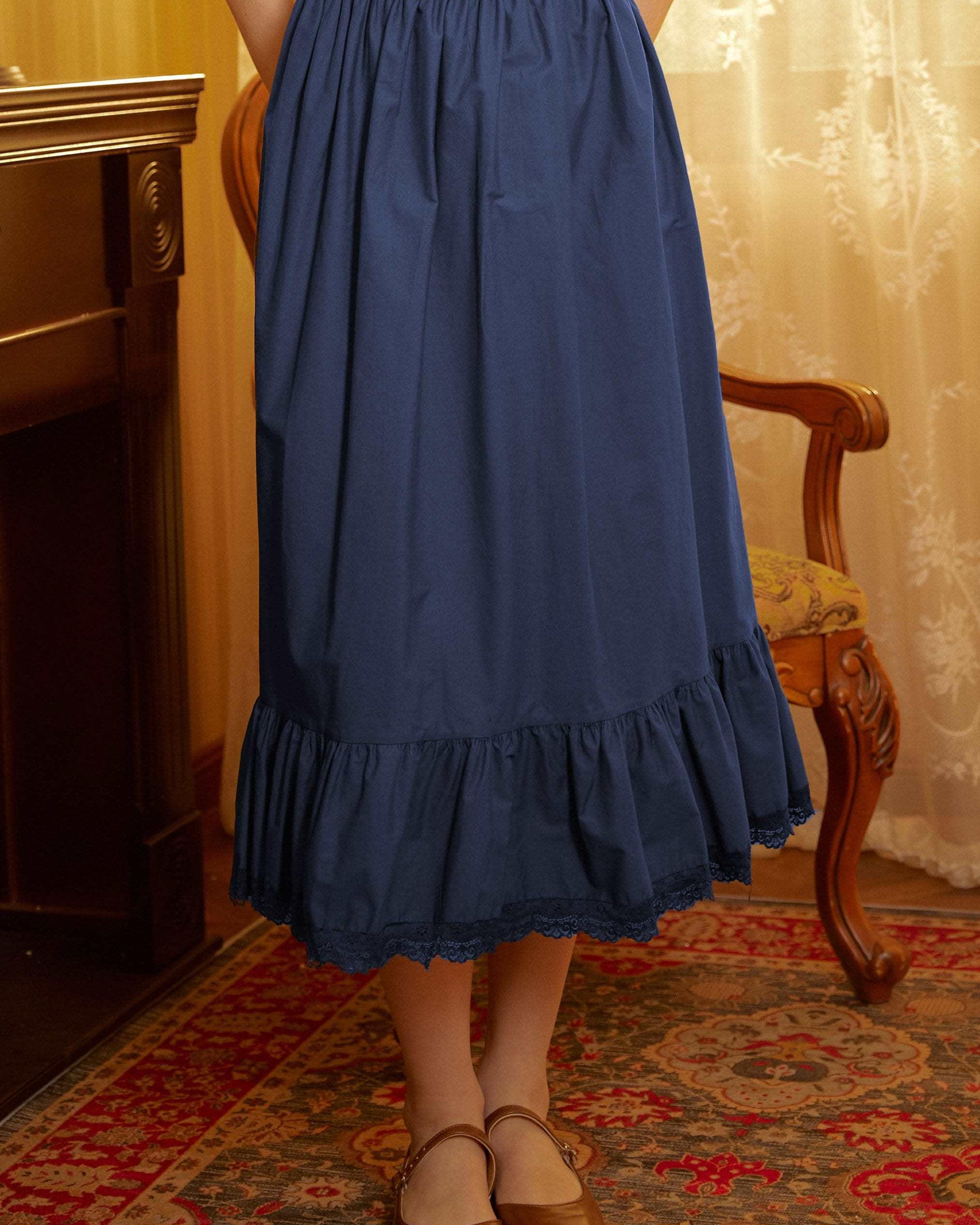 Petticoat Skirt Cotton Slip Victorian long Petticoat Skirt Extender White Underskirt with Lace Trim Ivory/Navy Blue/Black