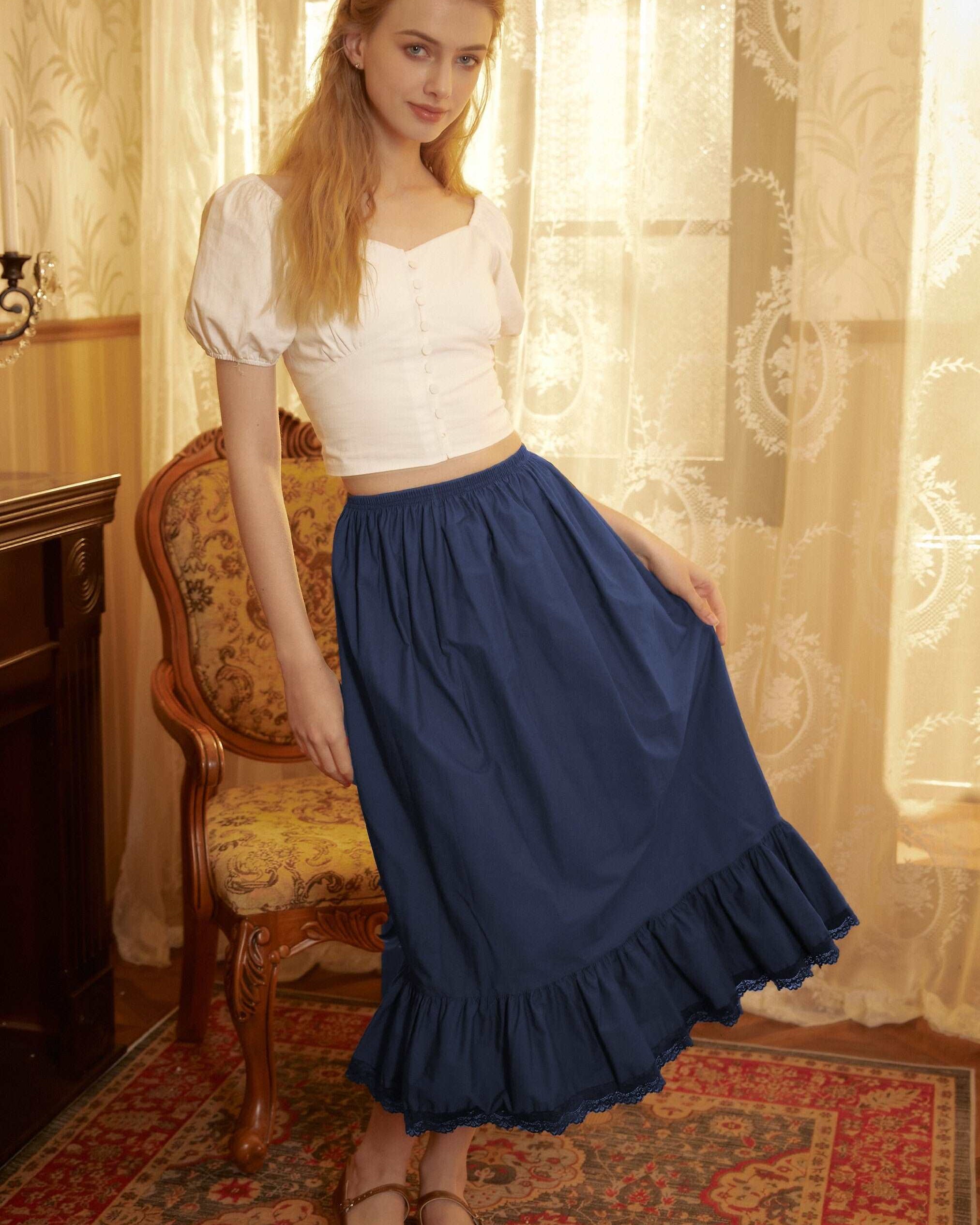 Petticoat Skirt Cotton Slip Victorian long Petticoat Skirt Extender White Underskirt with Lace Trim Ivory/Navy Blue/Black