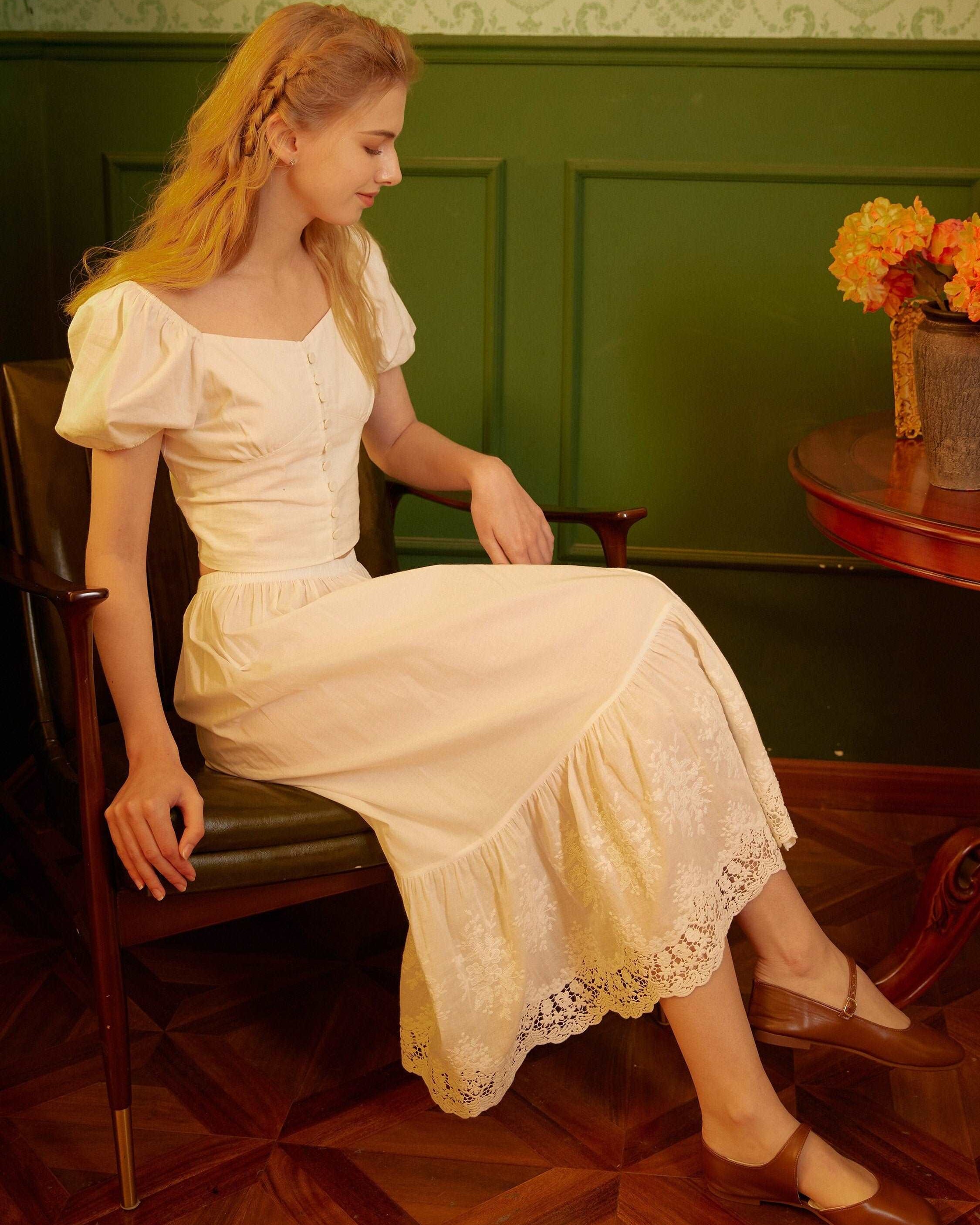 Petticoat Cotton Half Slip Women Skirt Extender with Embroidery Lace Hem Underskirt Elastic Waistband Ivory and Cream