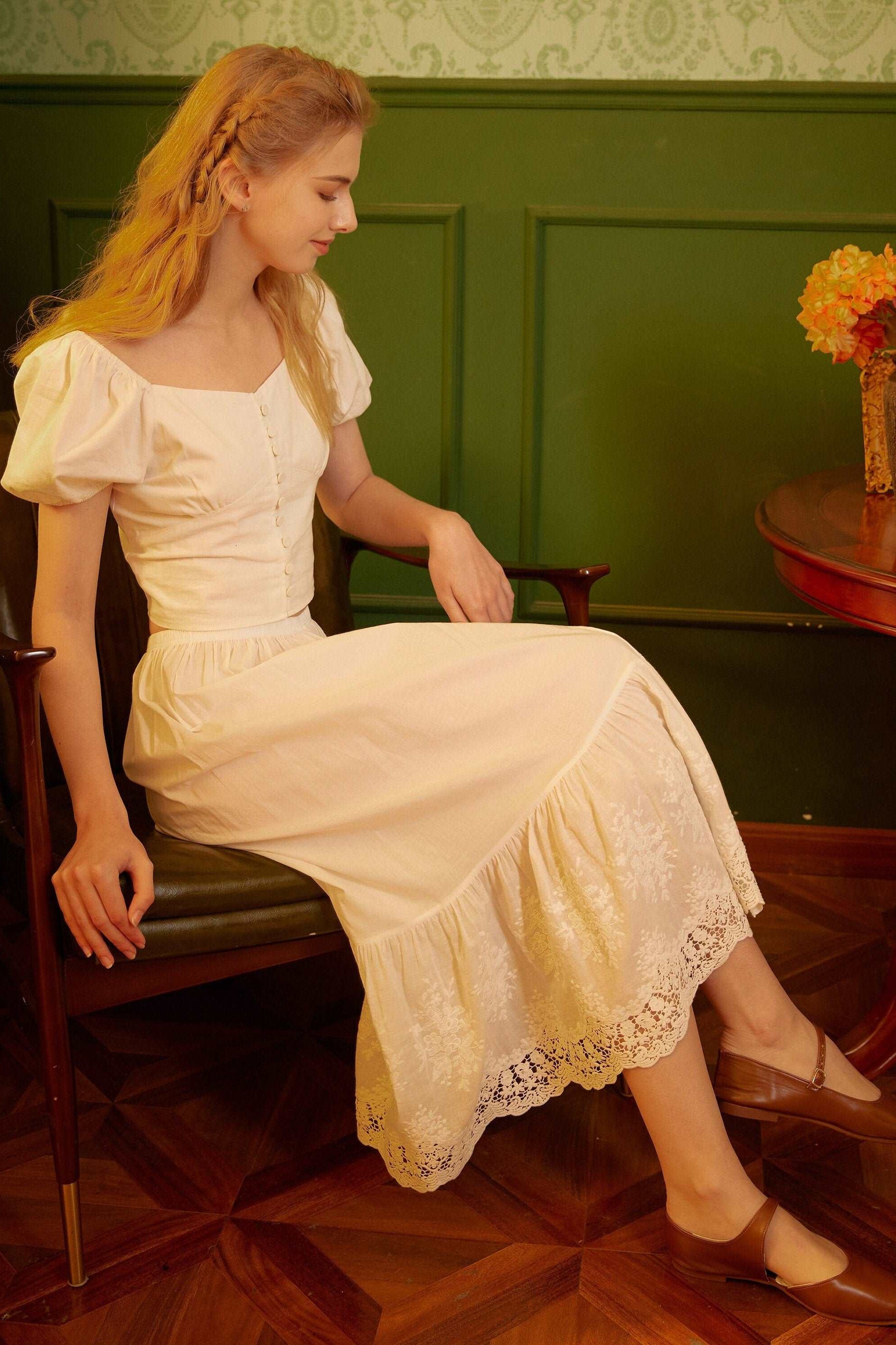 Petticoat Cotton Half Slip Women Skirt Extender with Embroidery Lace Hem Underskirt Elastic Waistband Ivory and Cream