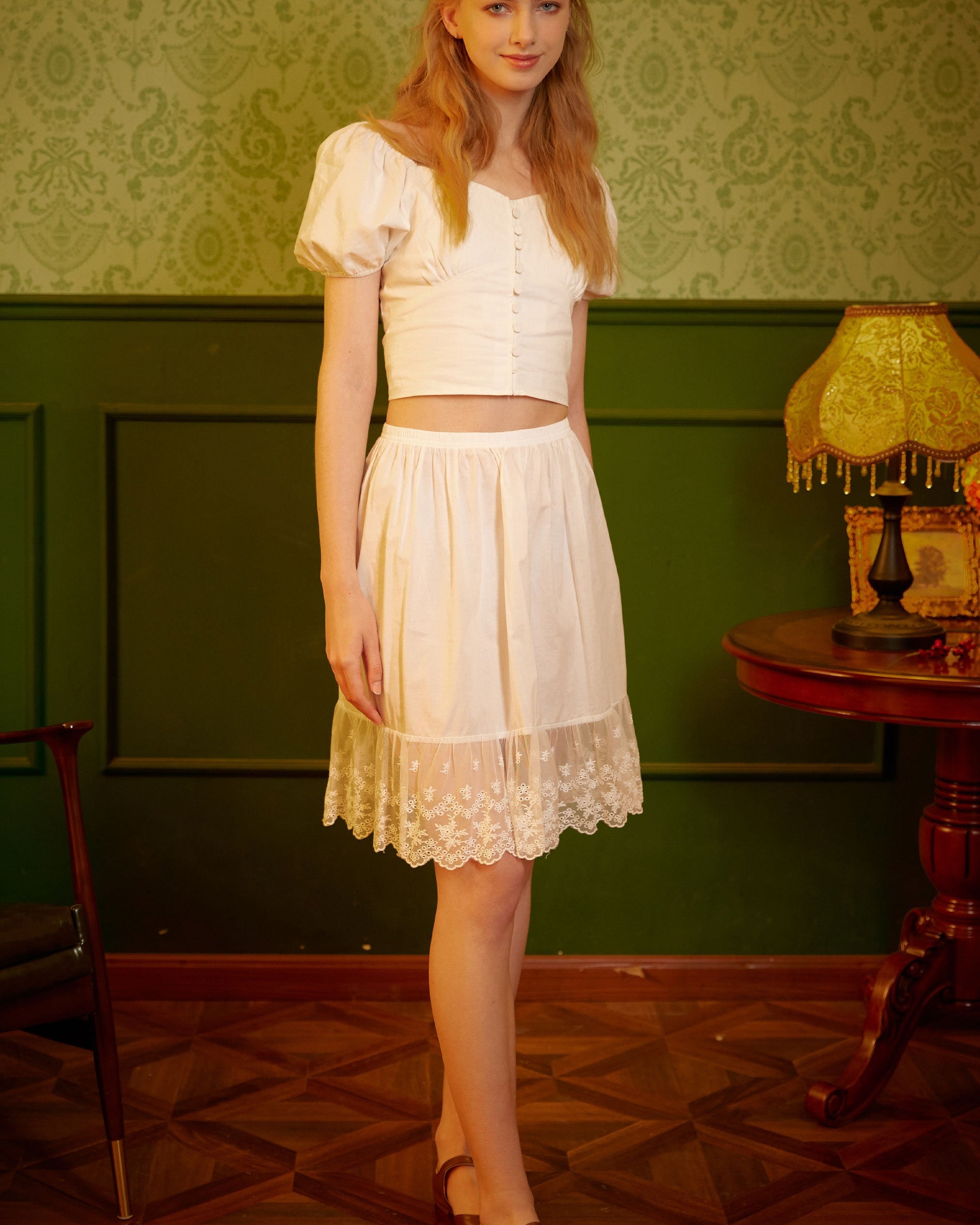 Skirt Extender Cotton White Petticoat with Lace Trim Half Slip Underskirt Ivory Knee Length