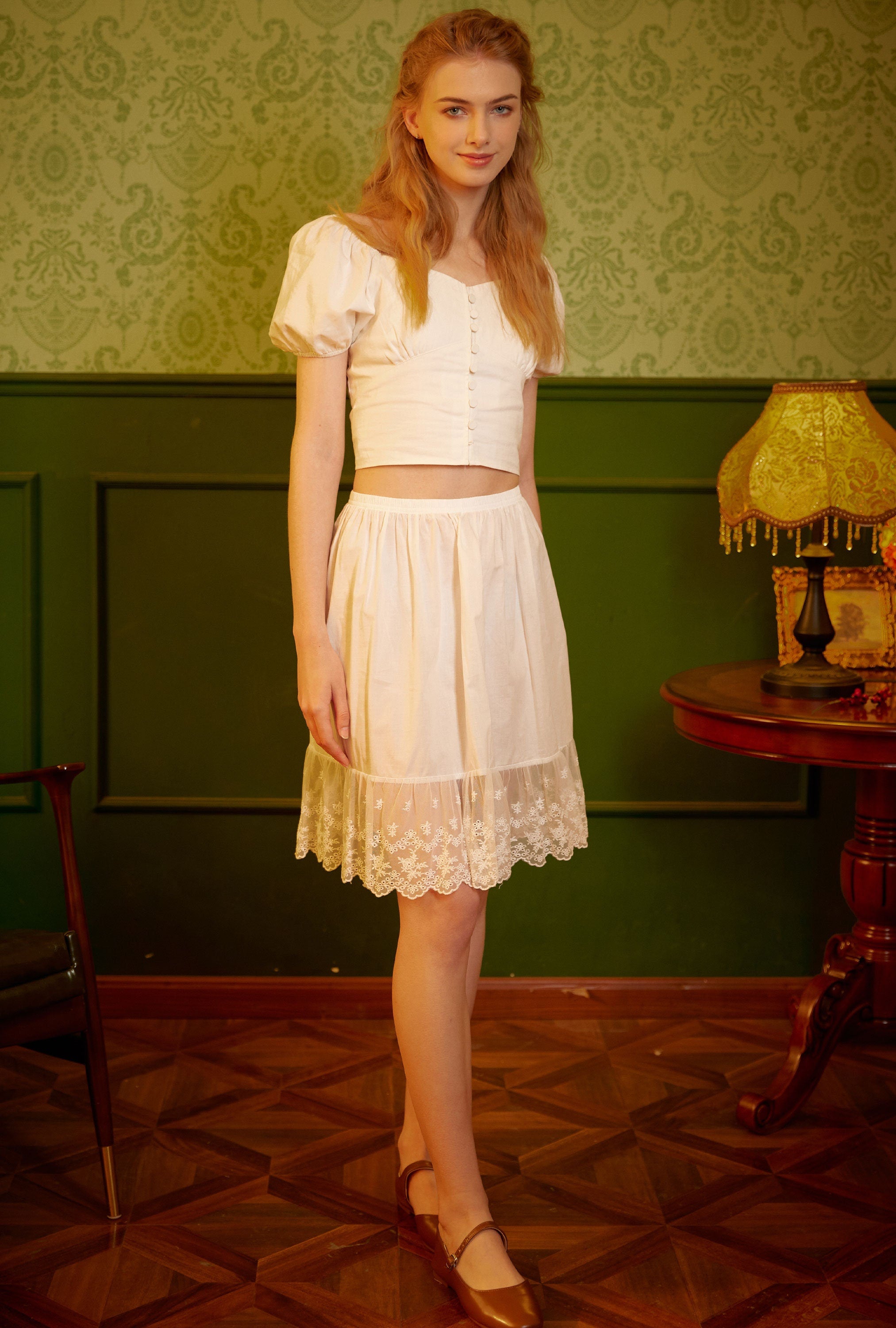 Skirt Extender Cotton White Petticoat with Lace Trim Half Slip Underskirt Ivory Knee Length