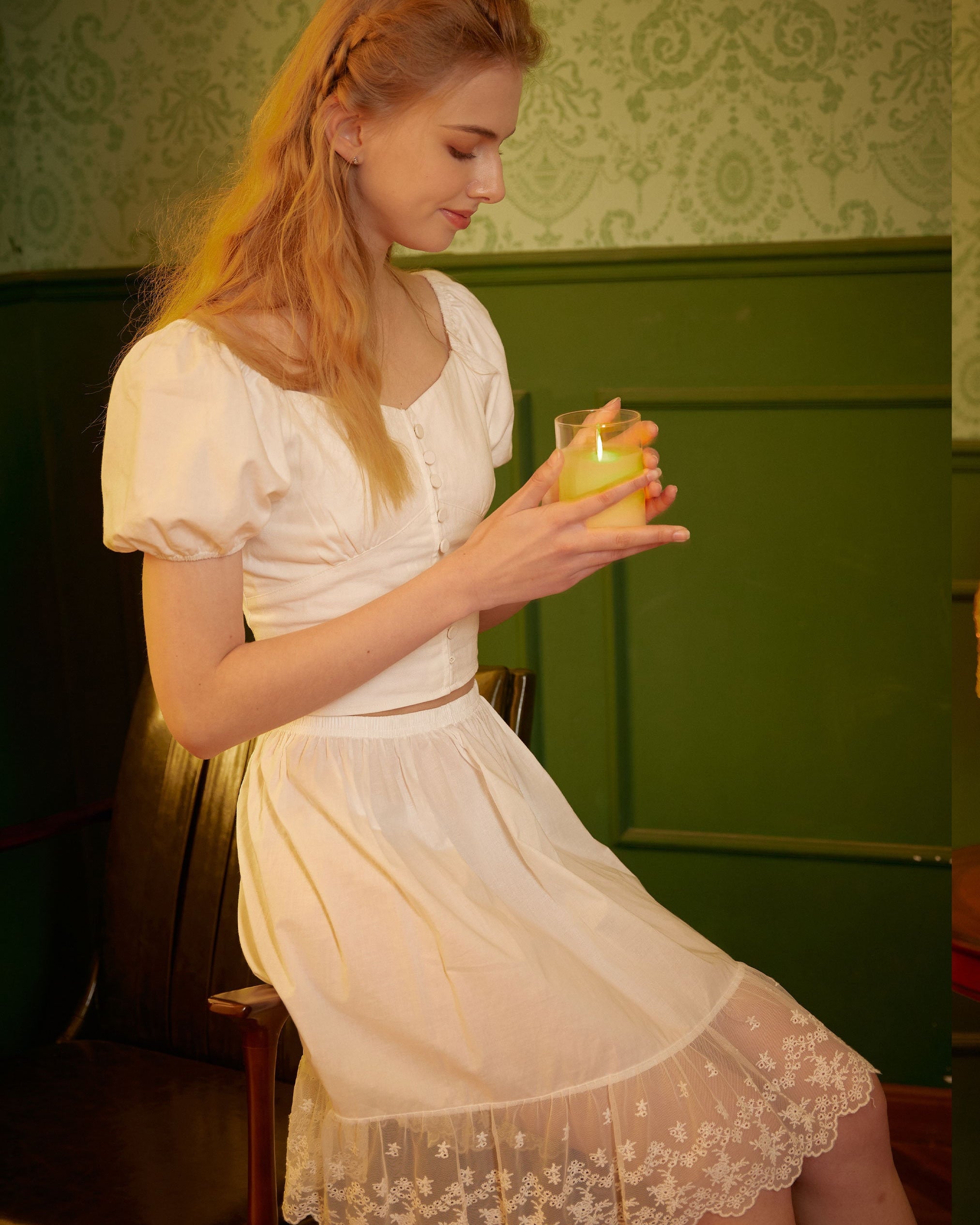 Skirt Extender Cotton White Petticoat with Lace Trim Half Slip Underskirt Ivory Knee Length