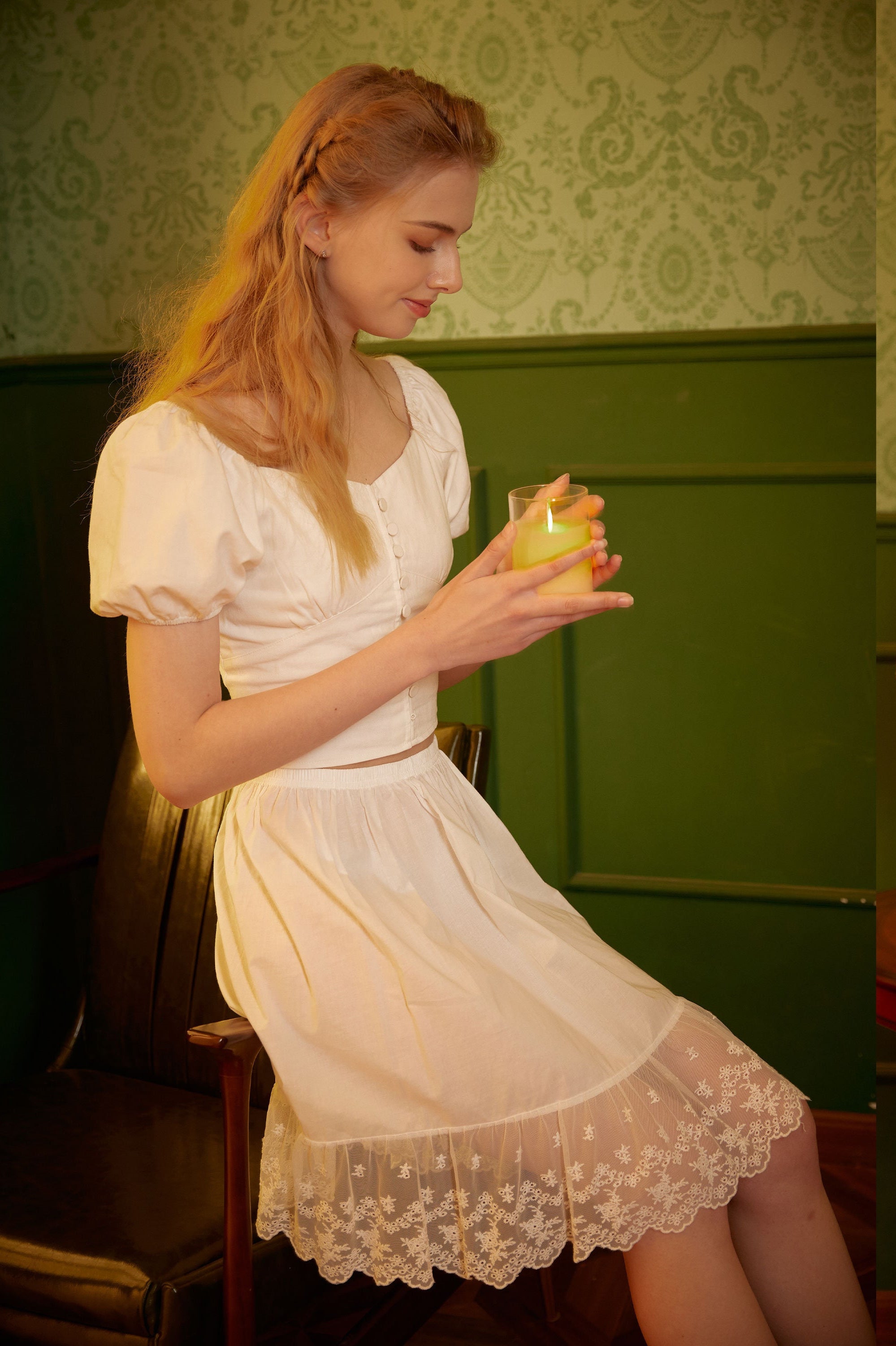 Skirt Extender Cotton White Petticoat with Lace Trim Half Slip Underskirt Ivory Knee Length