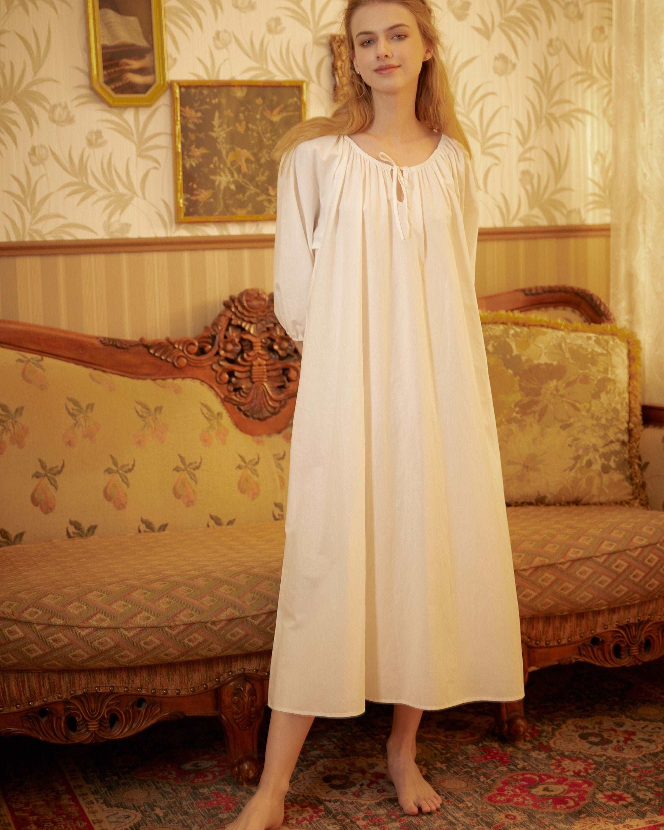 Nightgown Cotton for Women Victorian Nightgown Long Sleepwear Scoop Neck Three-quarter Sleeve Medieval Nightgown Plus Size
