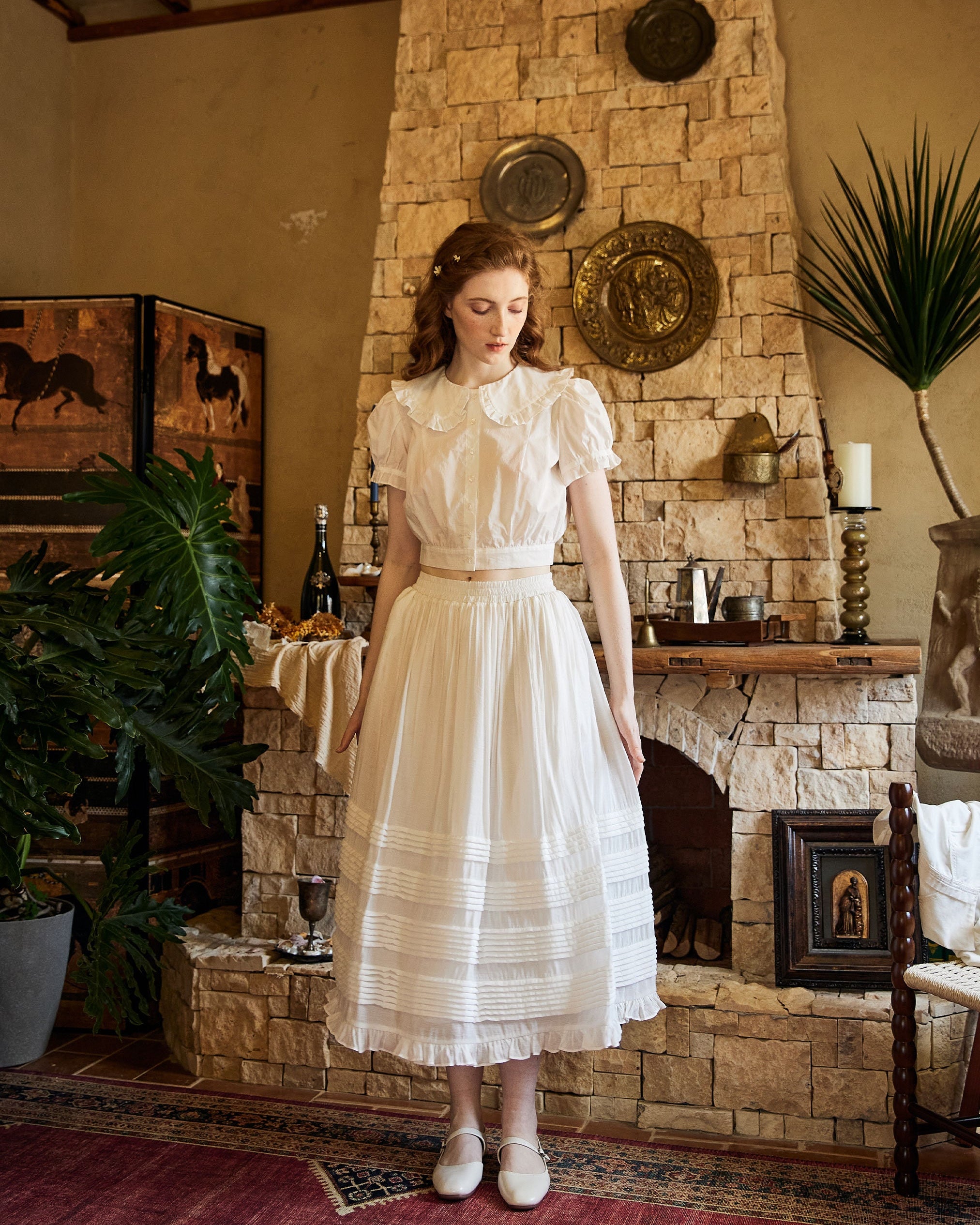 Victorian Style Pleated Skirt White Tiered Pocket Maxi Skirt Long Peasant Skirt Long Boho Skirt Ruffles Trim With Lining Flexible Waistband