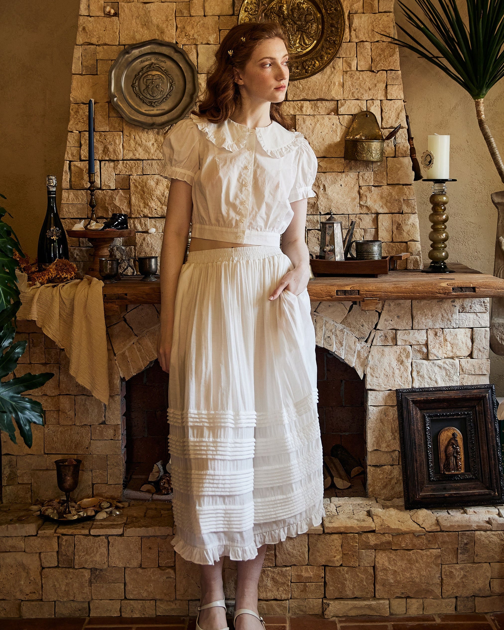 Victorian Style Pleated Skirt White Tiered Pocket Maxi Skirt Long Peasant Skirt Long Boho Skirt Ruffles Trim With Lining Flexible Waistband