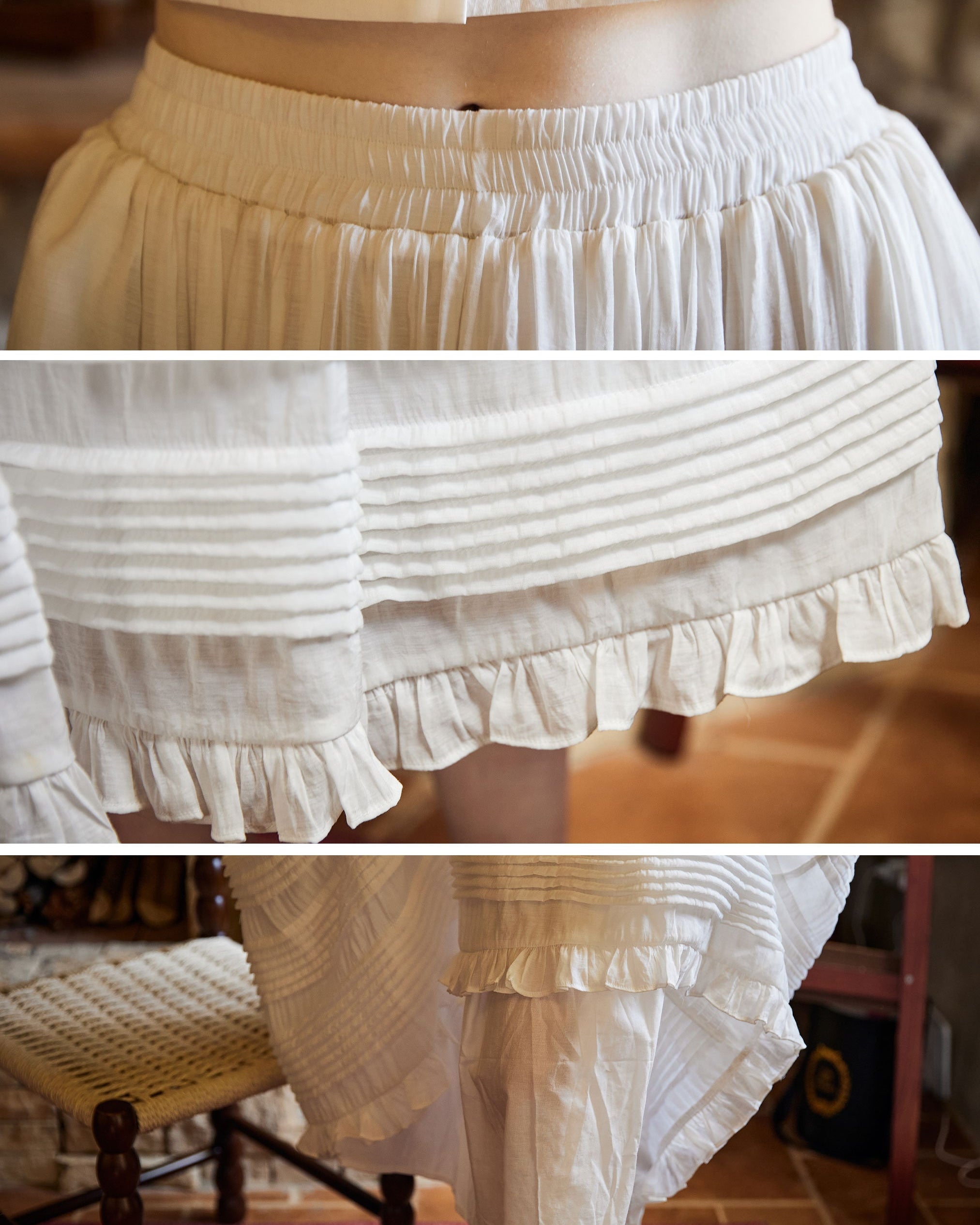Victorian Style Pleated Skirt White Tiered Pocket Maxi Skirt Long Peasant Skirt Long Boho Skirt Ruffles Trim With Lining Flexible Waistband