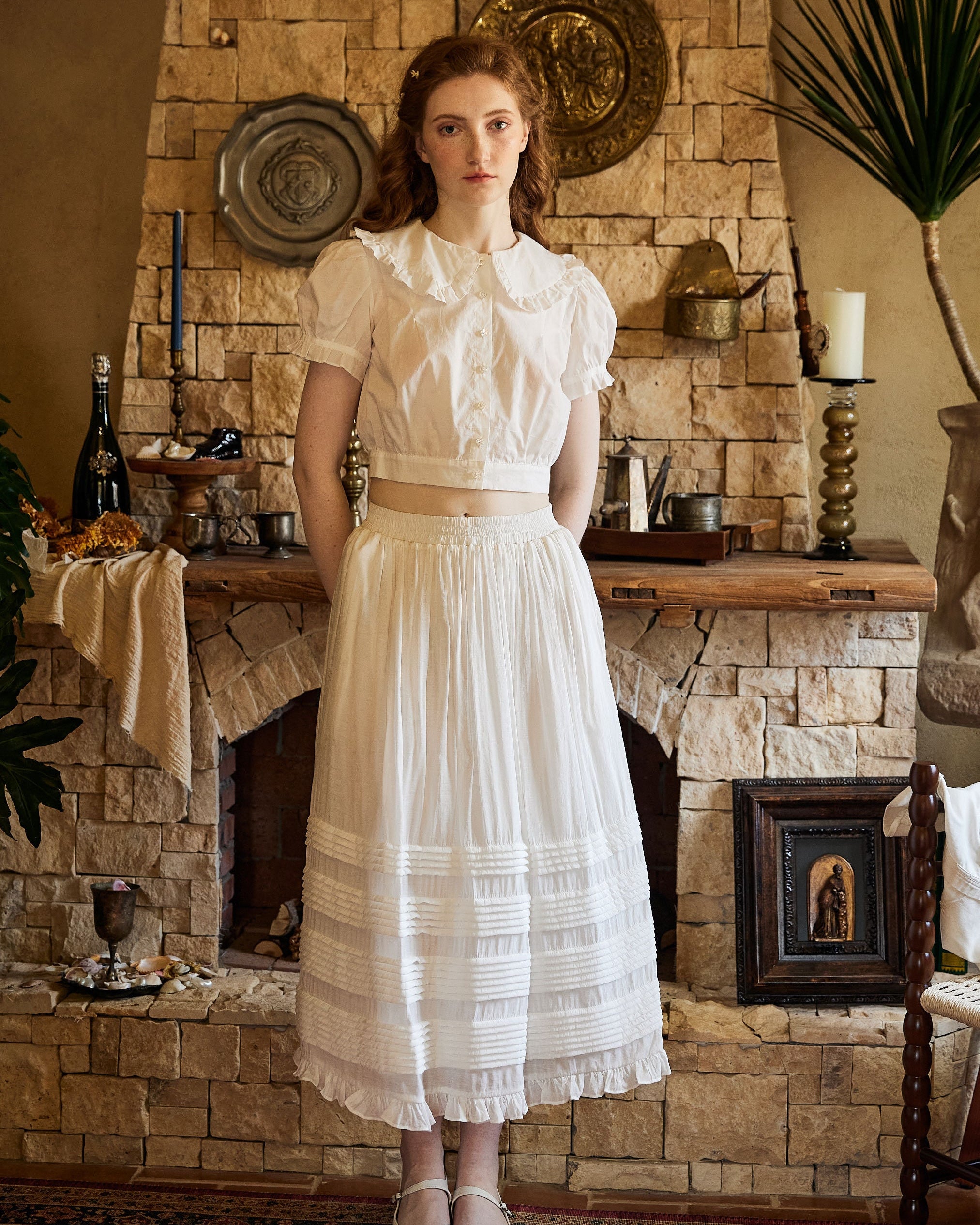 Victorian Style Pleated Skirt White Tiered Pocket Maxi Skirt Long Peasant Skirt Long Boho Skirt Ruffles Trim With Lining Flexible Waistband