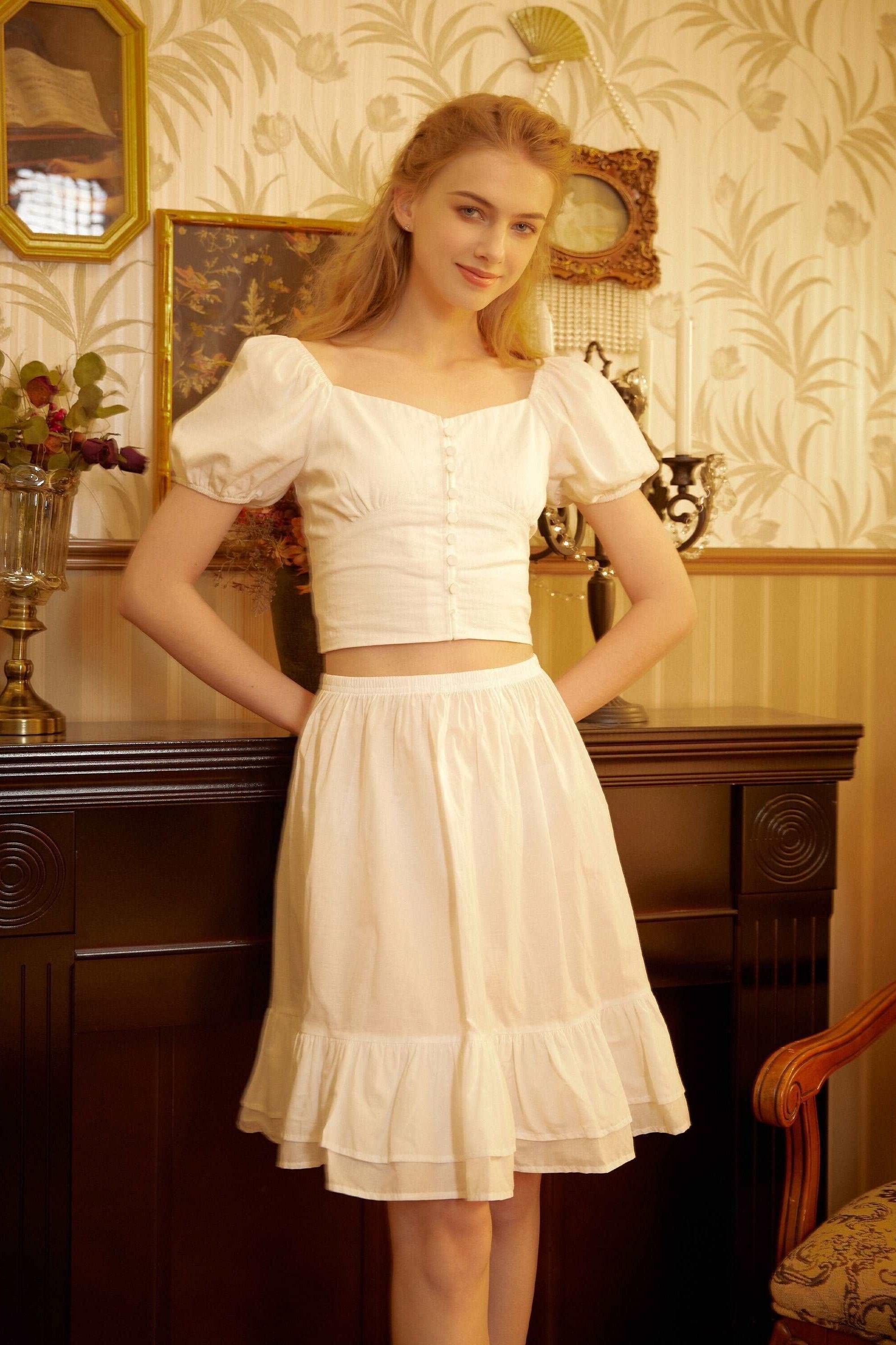 Cotton Petticoat Skirt Half Slip Underskirt Knee Length Skirt Extender Ruffles Retro Style