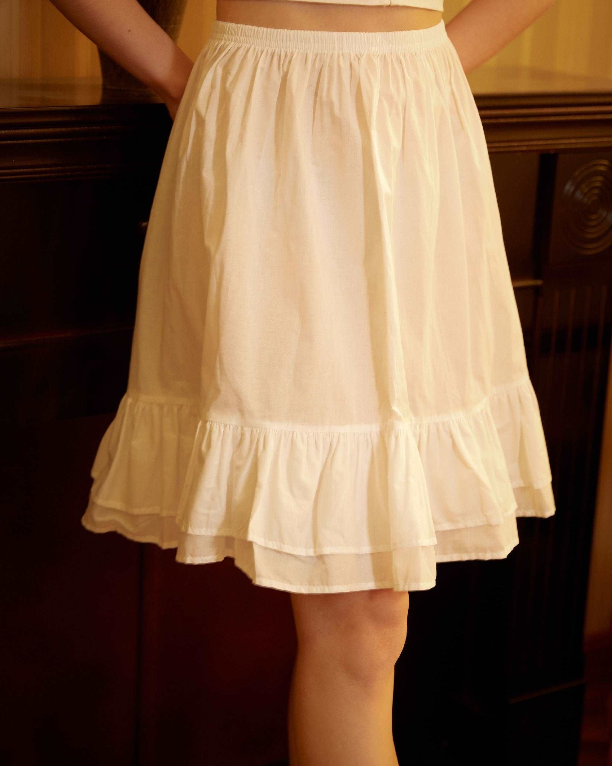 Cotton Petticoat Skirt Half Slip Underskirt Knee Length Skirt Extender Ruffles Retro Style