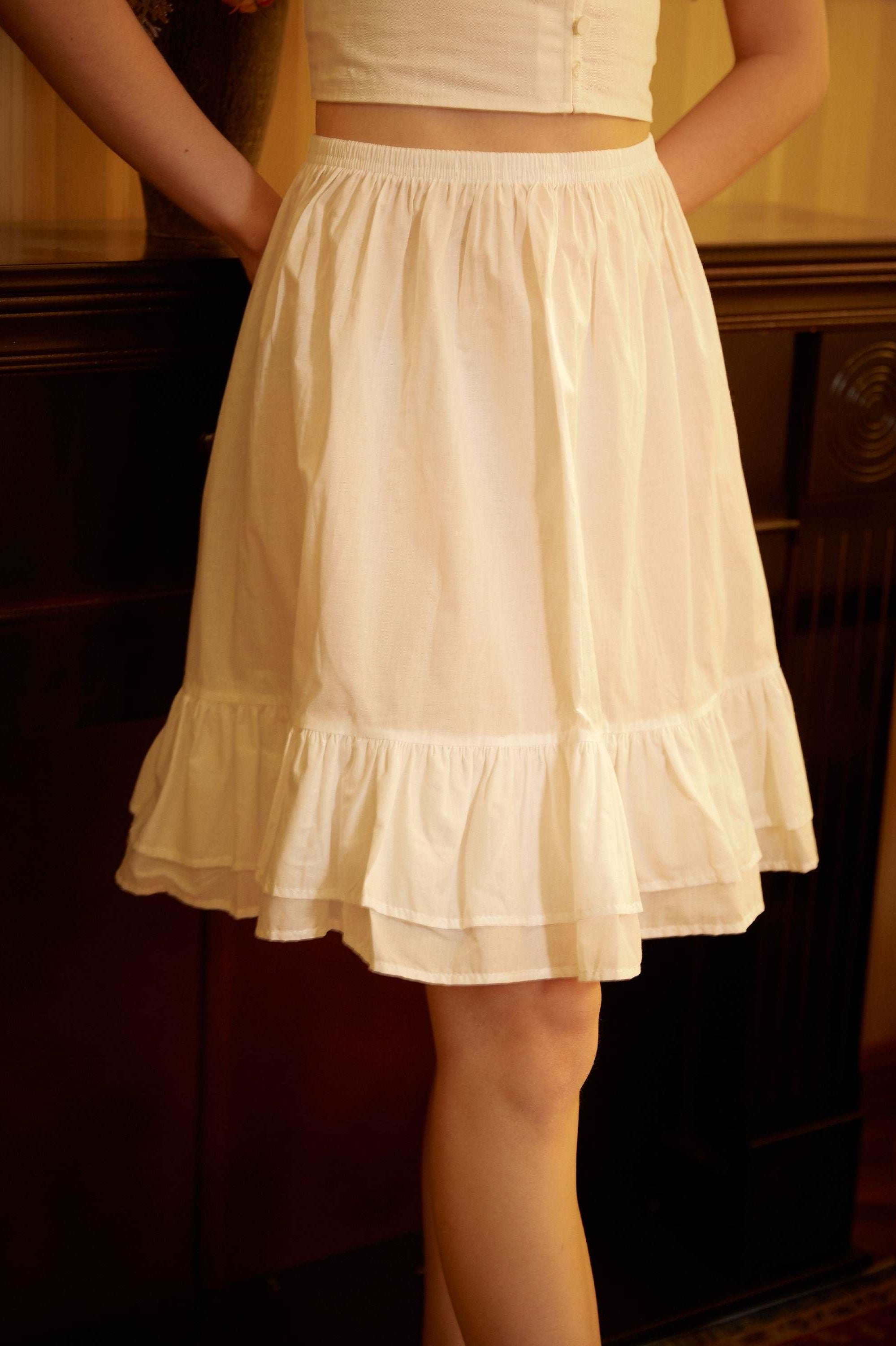 Cotton Petticoat Skirt Half Slip Underskirt Knee Length Skirt Extender Ruffles Retro Style