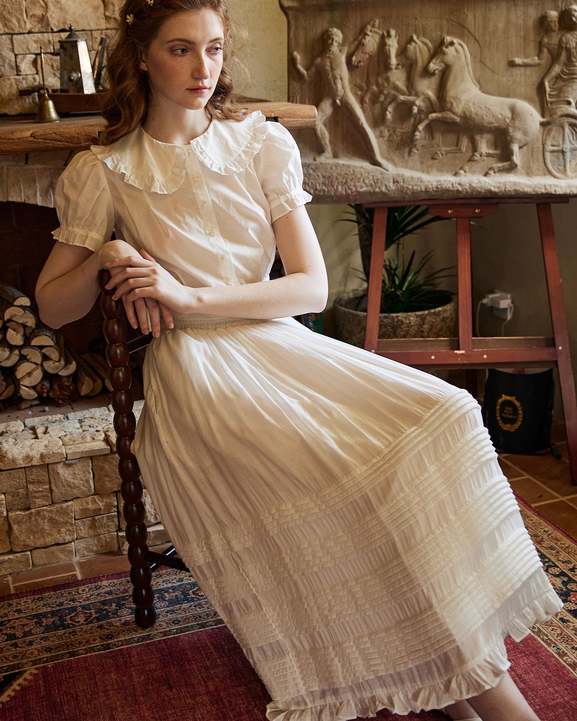 Victorian Style Pleated Skirt White Tiered Pocket Maxi Skirt Long Peasant Skirt Long Boho Skirt Ruffles Trim With Lining Flexible Waistband