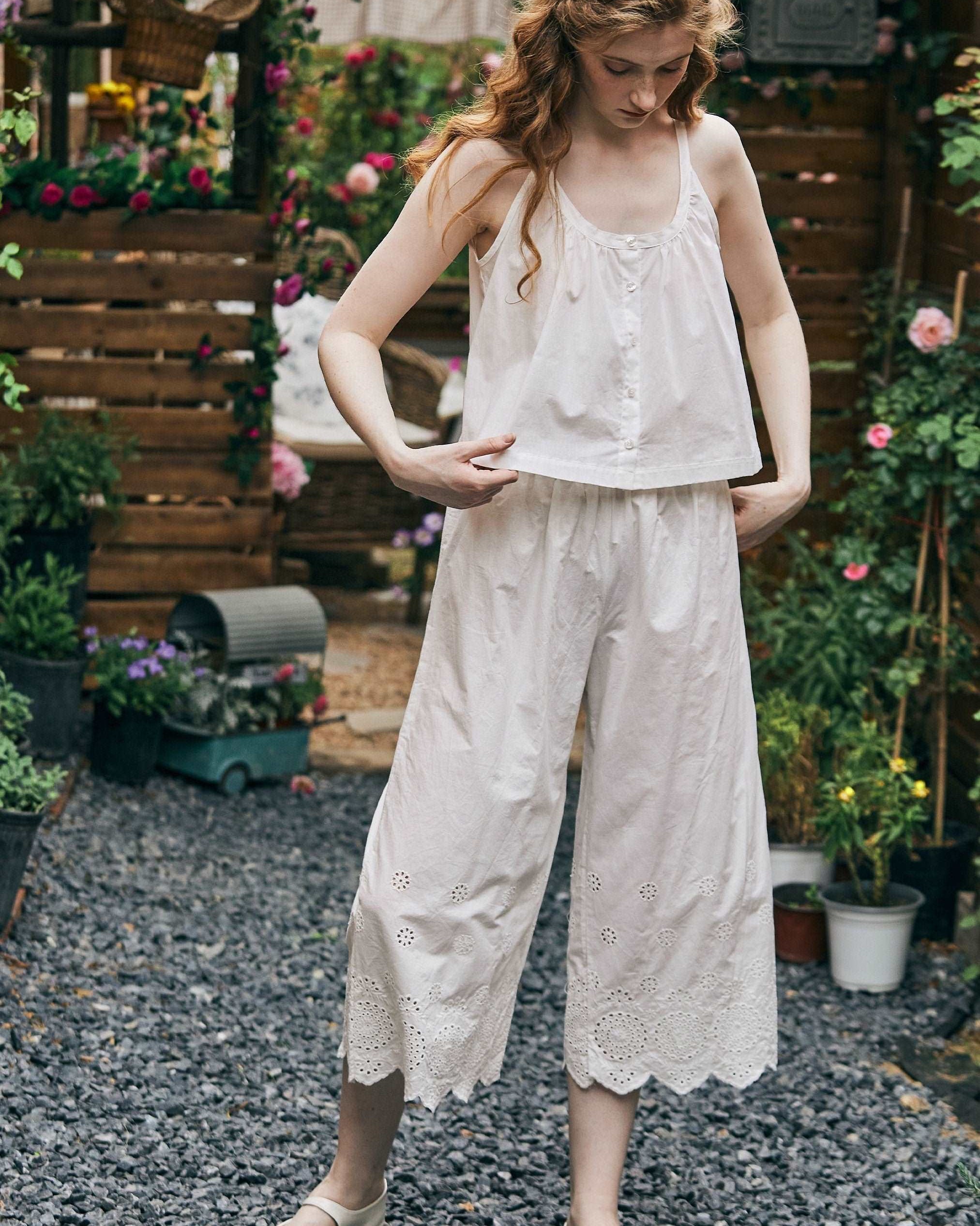 Bloomers Women Cotton Pettipants Pantaloons Long Victorian Style Bloomers Pants Plus Size Bloomers Embroidery Hem Ivory Black