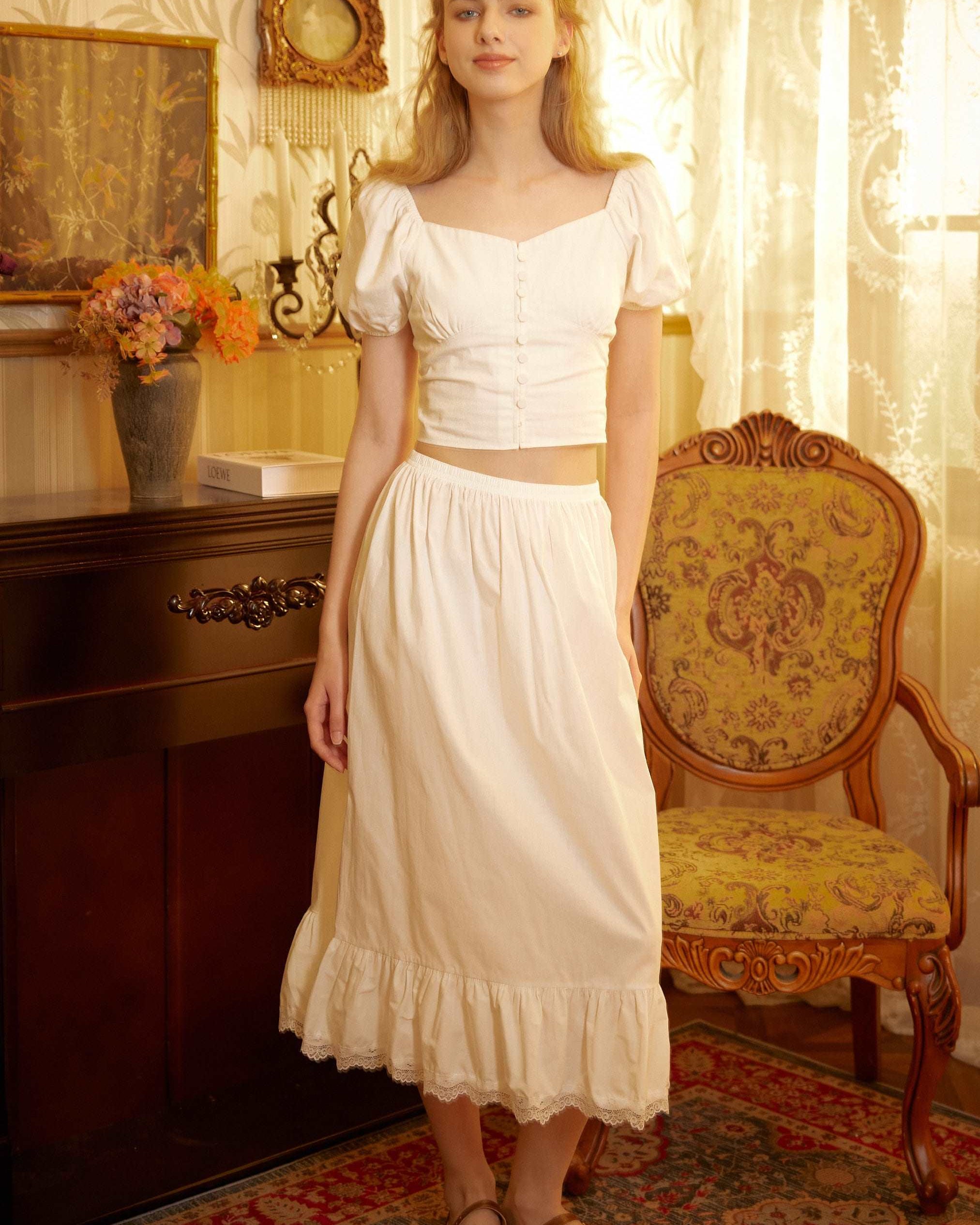 Petticoat Skirt Cotton Slip Victorian long Petticoat Skirt Extender White Underskirt with Lace Trim Ivory/Navy Blue/Black