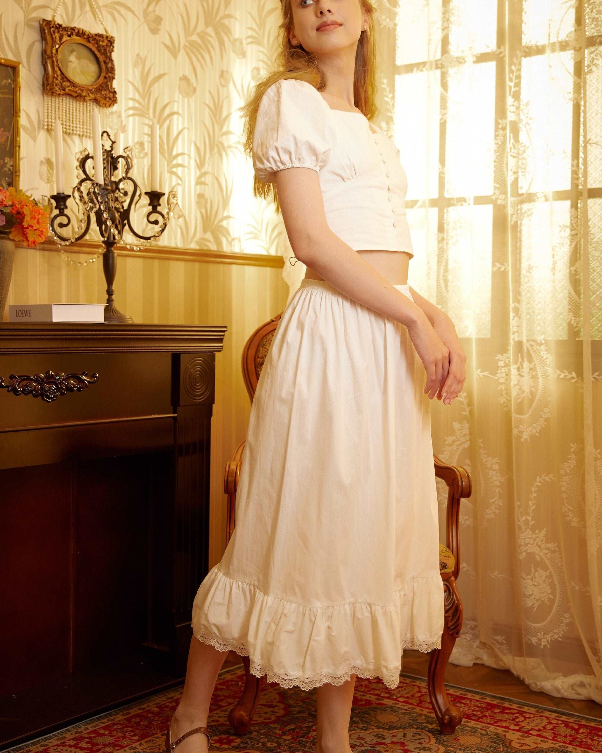 Petticoat Skirt Cotton Slip Victorian long Petticoat Skirt Extender White Underskirt with Lace Trim Ivory/Navy Blue/Black