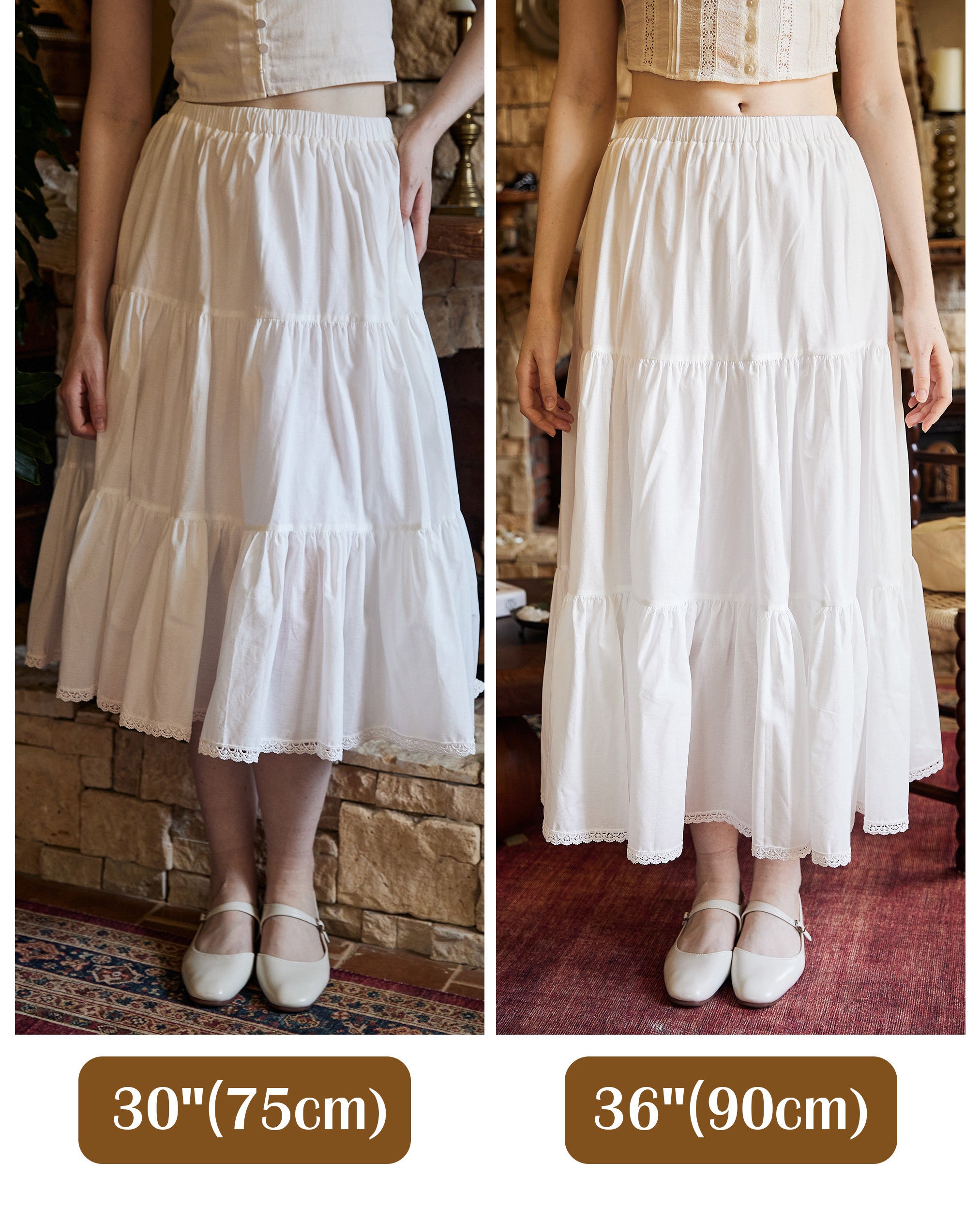 Tiered Pocket Maxi Skirt White Cotton Skirt Long Boho Black Pleated Tea Length Skirt Flexible Waistband Petticoat Midi Skirt Lace Trim