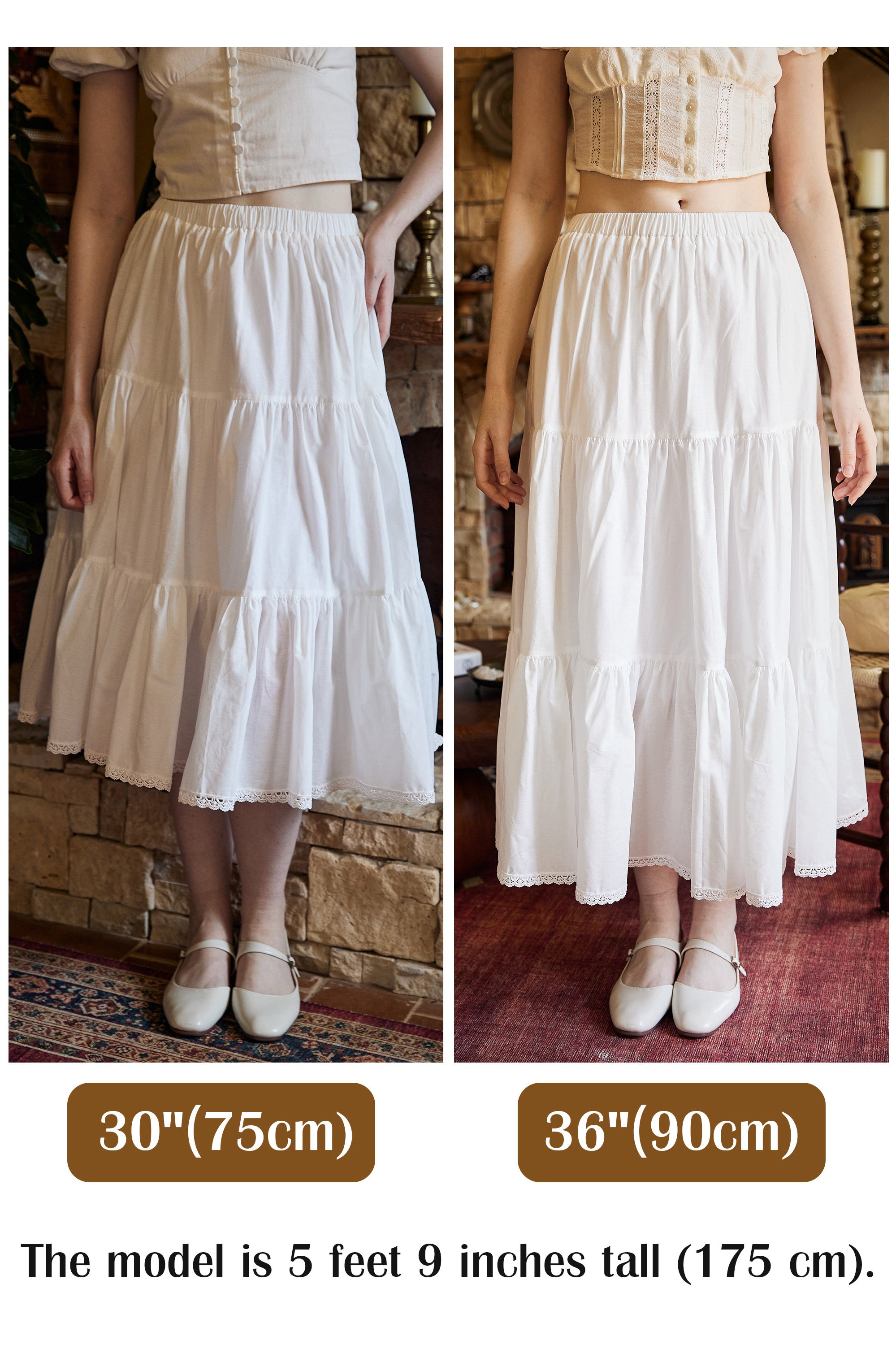 Tiered Pocket Maxi Skirt White Cotton Skirt Long Boho Black Pleated Tea Length Skirt Flexible Waistband Petticoat Midi Skirt Lace Trim