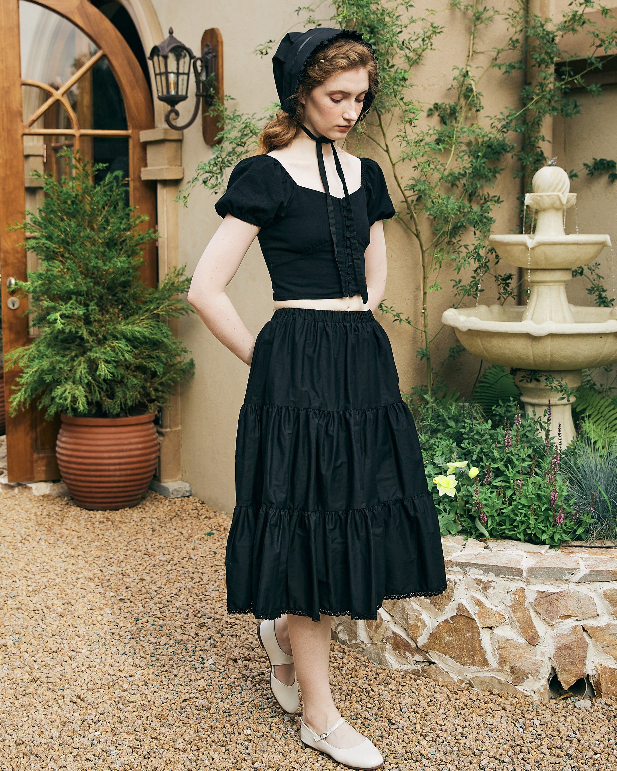 Tiered Pocket Maxi Skirt White Cotton Skirt Long Boho Black Pleated Tea Length Skirt Flexible Waistband Petticoat Midi Skirt Lace Trim