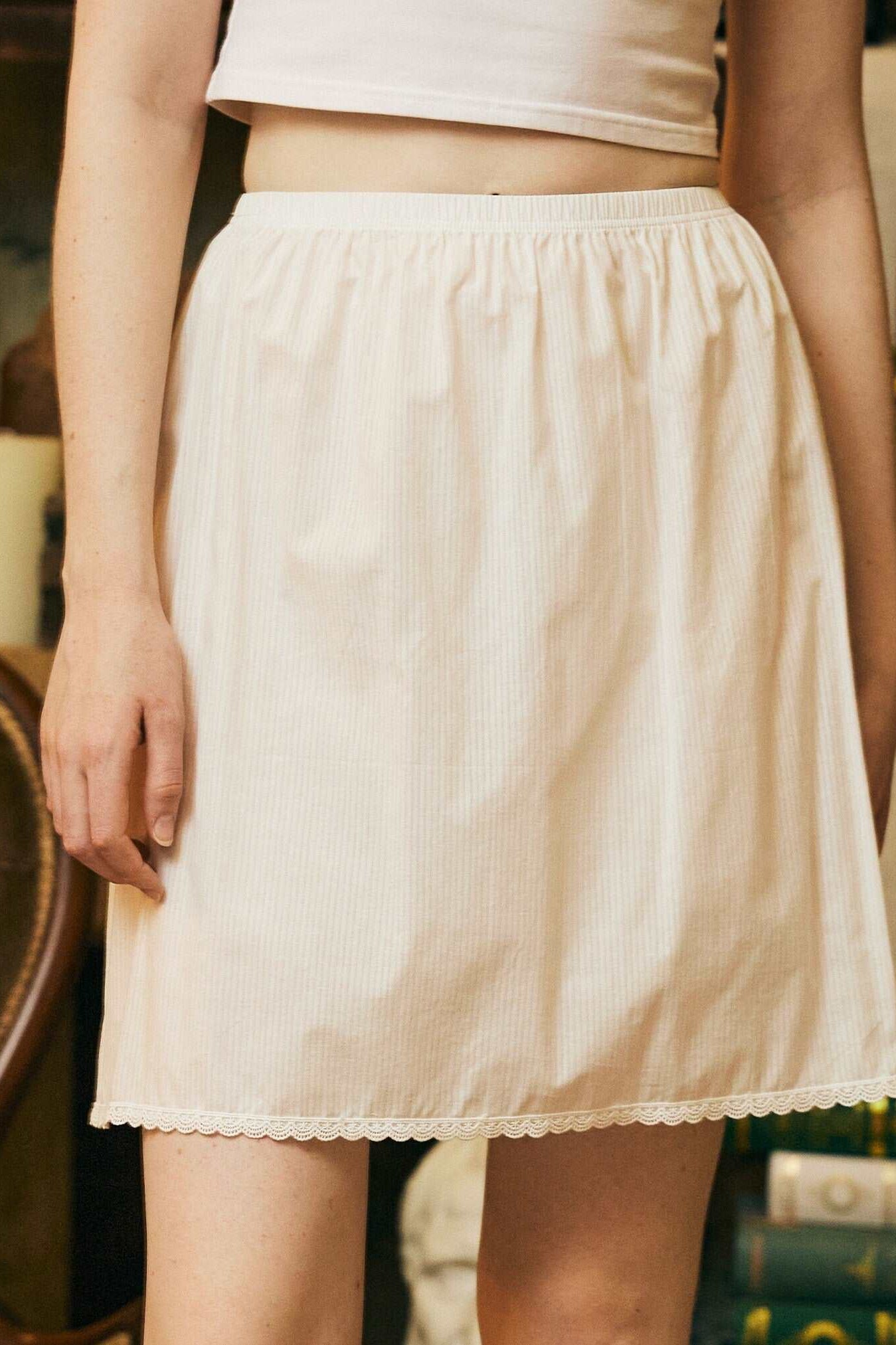 Cotton Half Slip Victorian Petticoat Skirt Organic Cotton Unterrock Women White Underskirt with Lace Trim in Three Lengths Stripe Elements