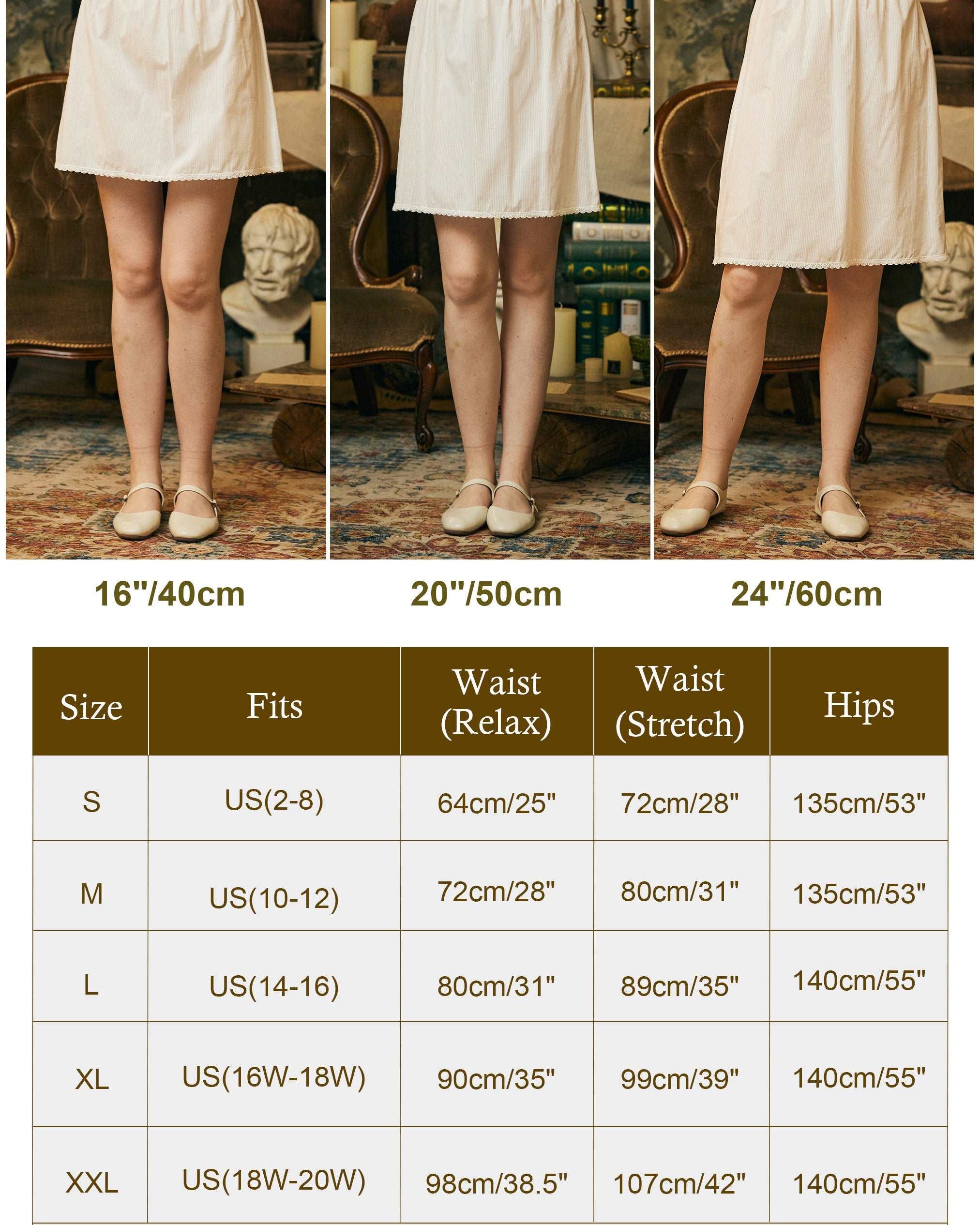 Cotton Half Slip Victorian Petticoat Skirt Organic Cotton Unterrock Women White Underskirt with Lace Trim in Three Lengths Stripe Elements