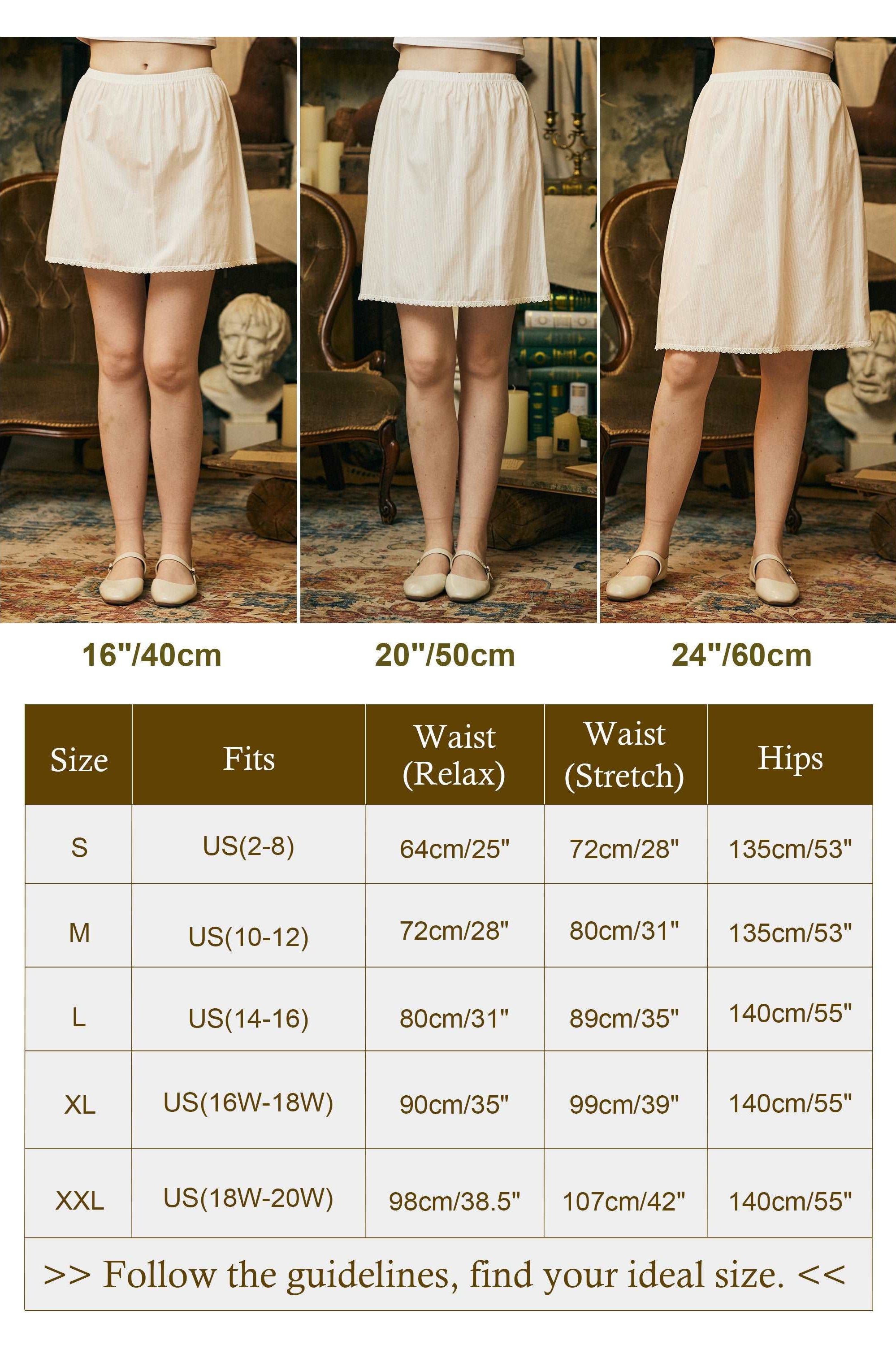 Cotton Half Slip Victorian Petticoat Skirt Organic Cotton Unterrock Women White Underskirt with Lace Trim in Three Lengths Stripe Elements