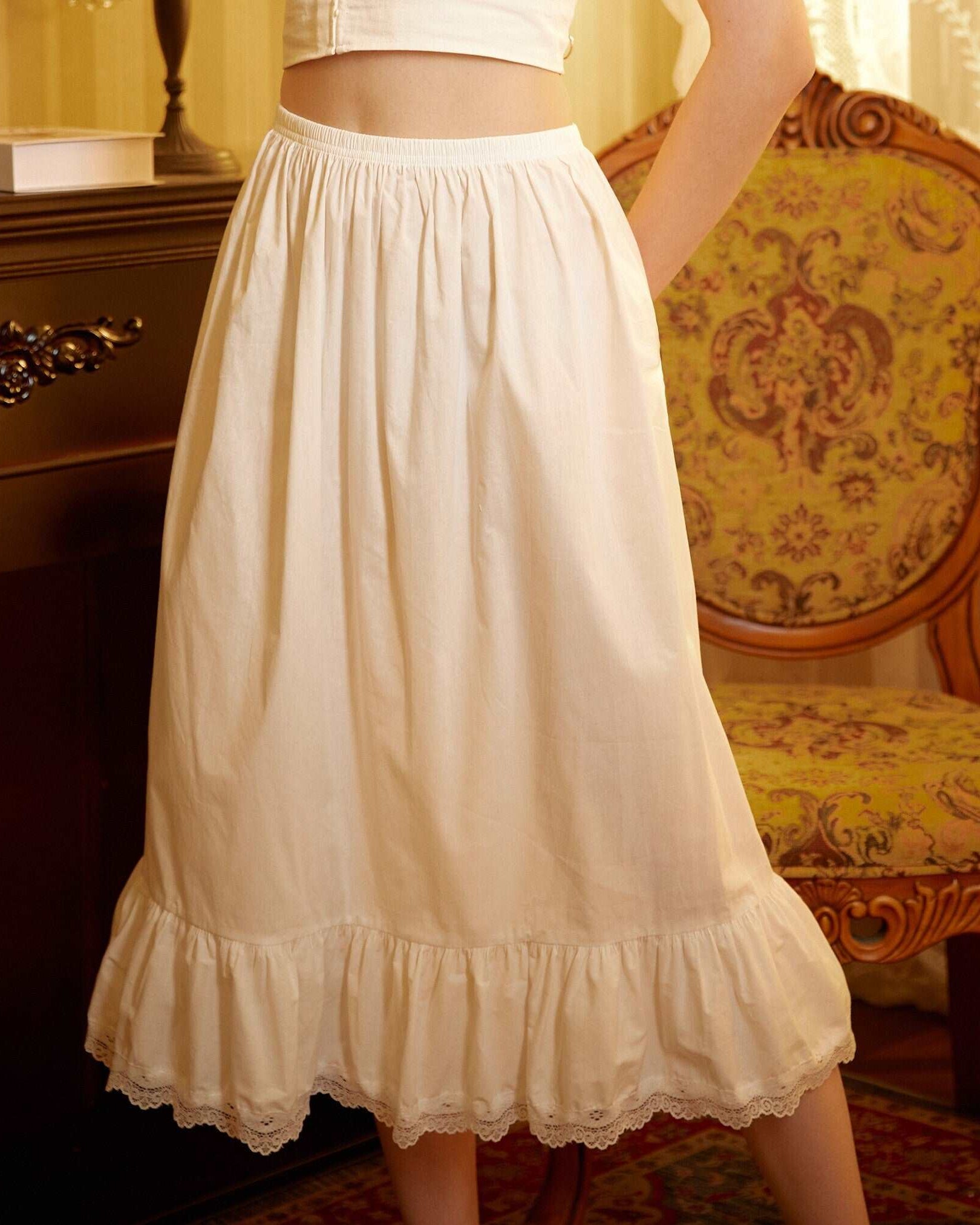 Petticoat Skirt Cotton Slip Victorian long Petticoat Skirt Extender White Underskirt with Lace Trim Ivory/Navy Blue/Black