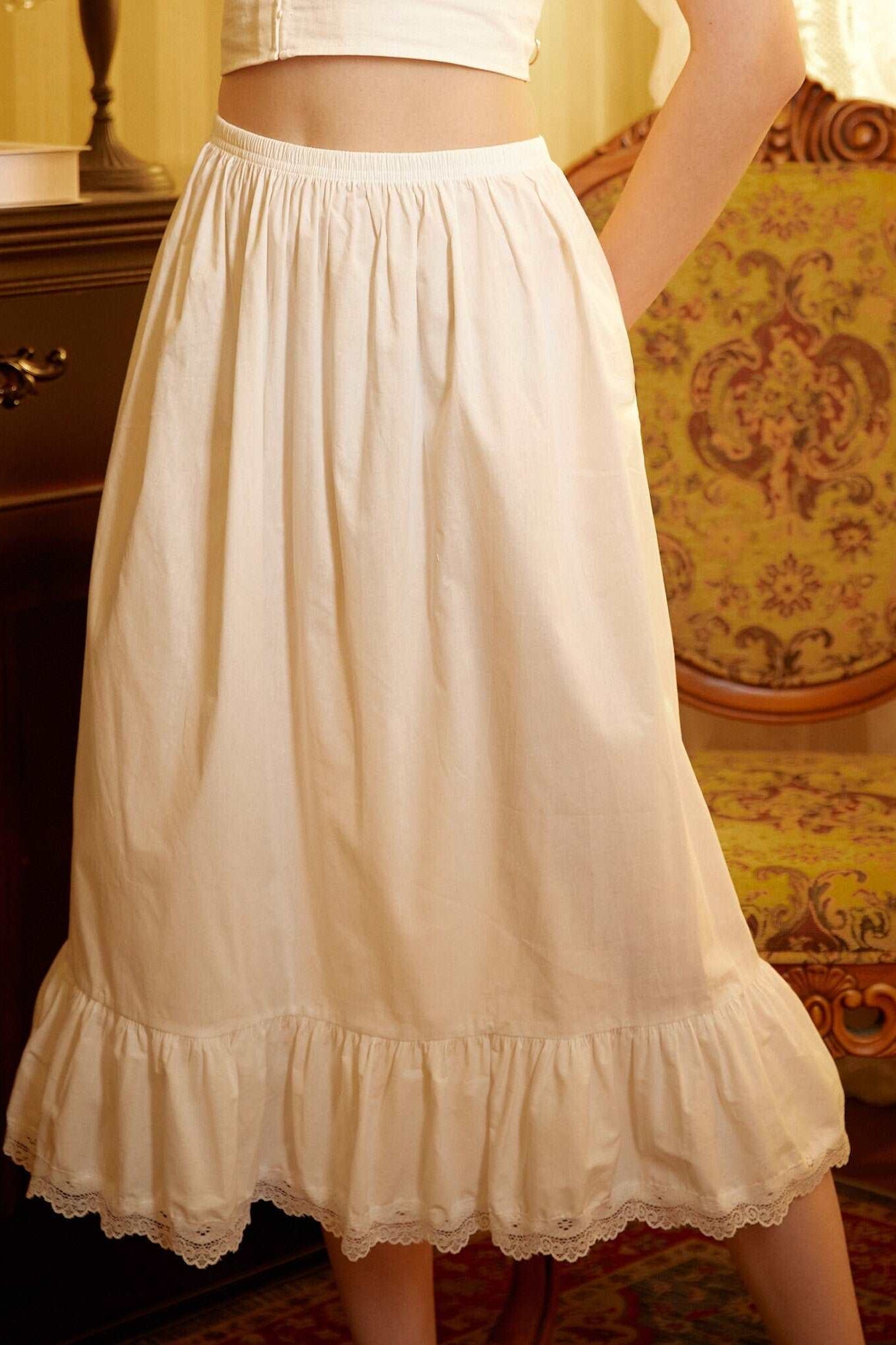 Petticoat Skirt Cotton Slip Victorian long Petticoat Skirt Extender White Underskirt with Lace Trim Ivory/Navy Blue/Black