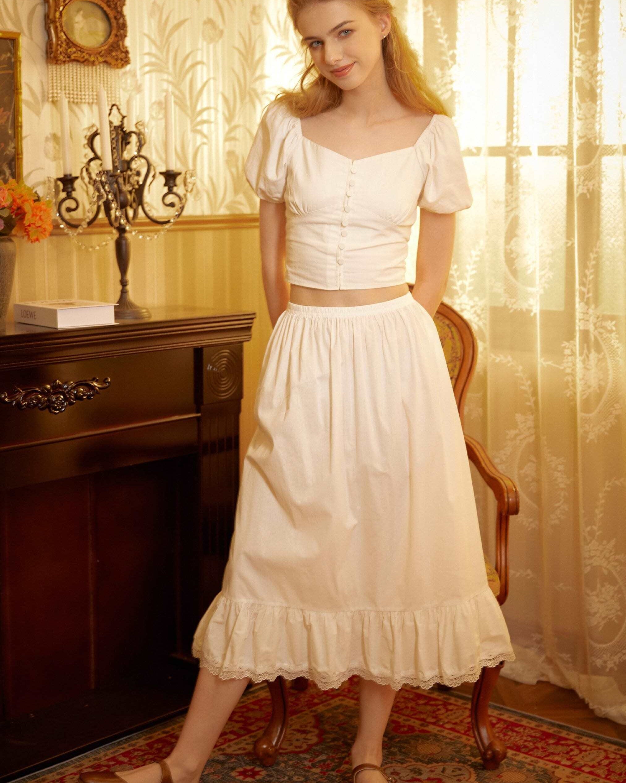 Petticoat Skirt Cotton Slip Victorian long Petticoat Skirt Extender White Underskirt with Lace Trim Ivory/Navy Blue/Black