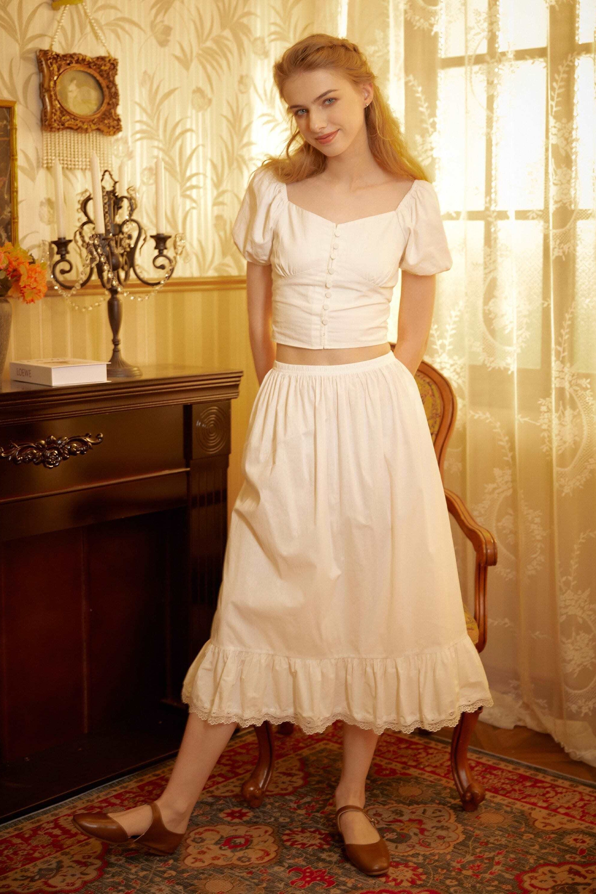 Petticoat Skirt Cotton Slip Victorian long Petticoat Skirt Extender White Underskirt with Lace Trim Ivory/Navy Blue/Black
