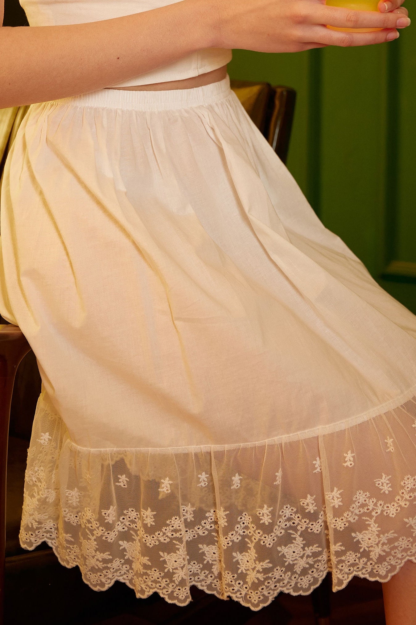 Skirt Extender Cotton White Petticoat with Lace Trim Half Slip Underskirt Ivory Knee Length