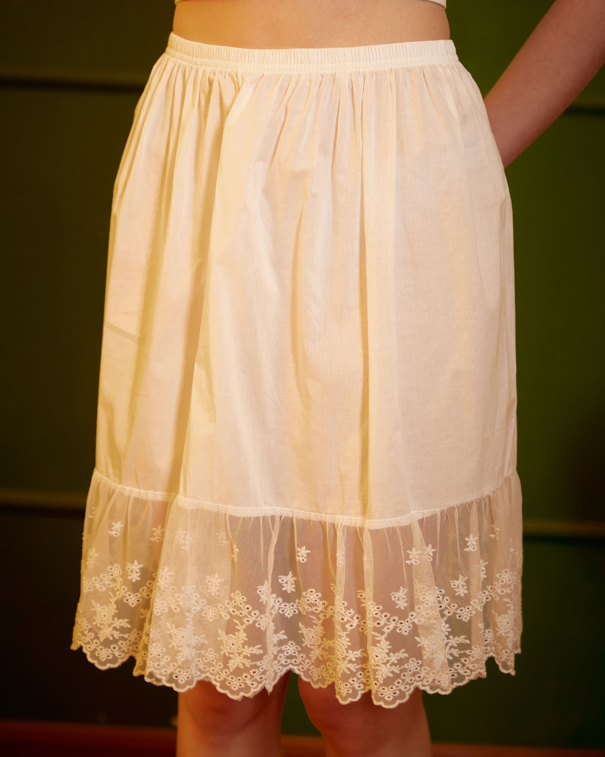 Skirt Extender Cotton White Petticoat with Lace Trim Half Slip Underskirt Ivory Knee Length