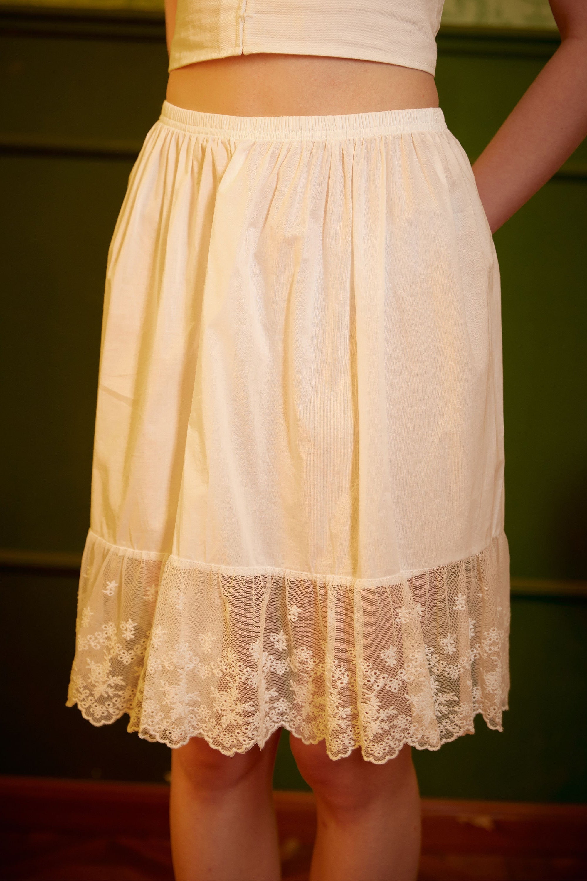 Skirt Extender Cotton White Petticoat with Lace Trim Half Slip Underskirt Ivory Knee Length