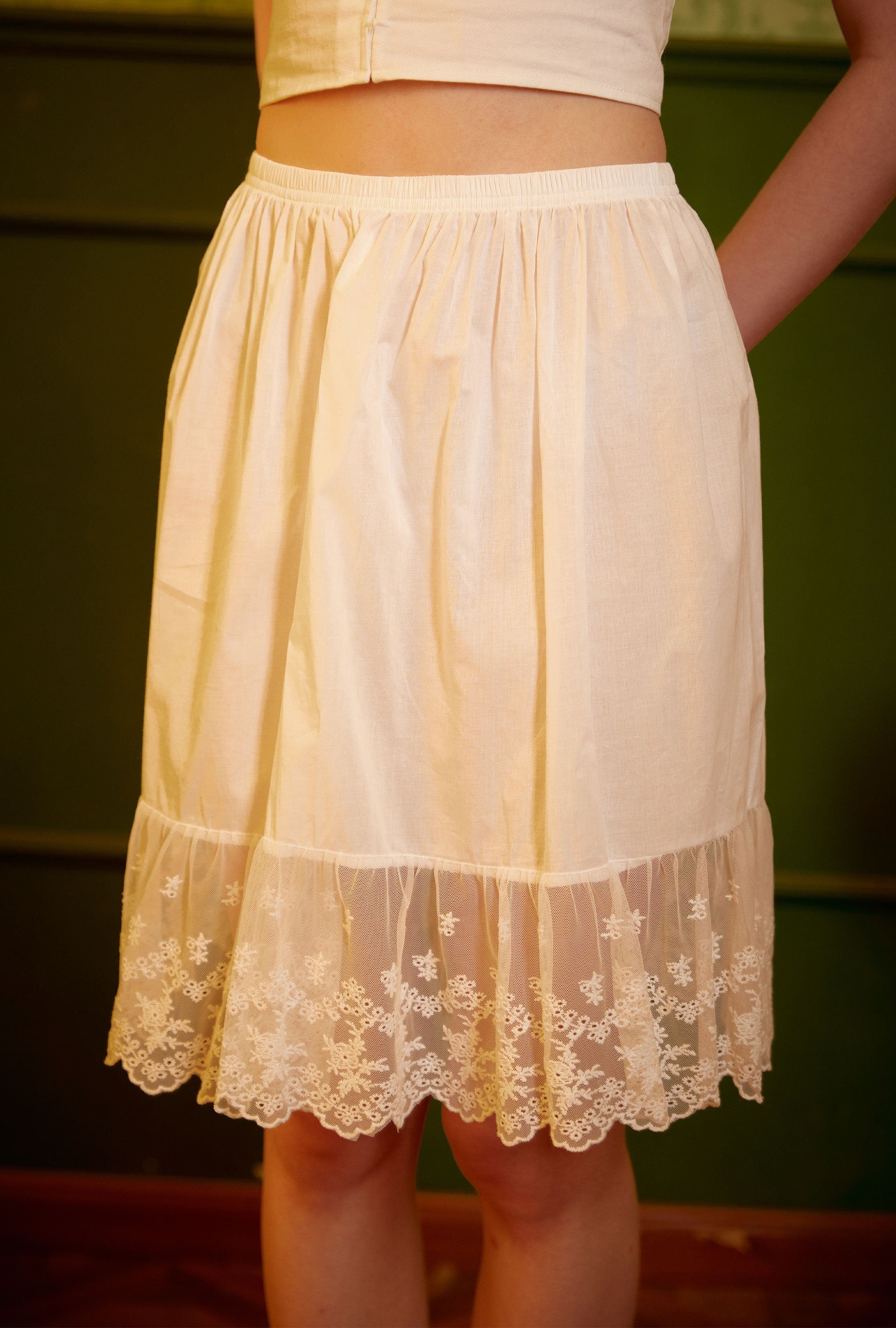 Skirt Extender Cotton White Petticoat with Lace Trim Half Slip Underskirt Ivory Knee Length
