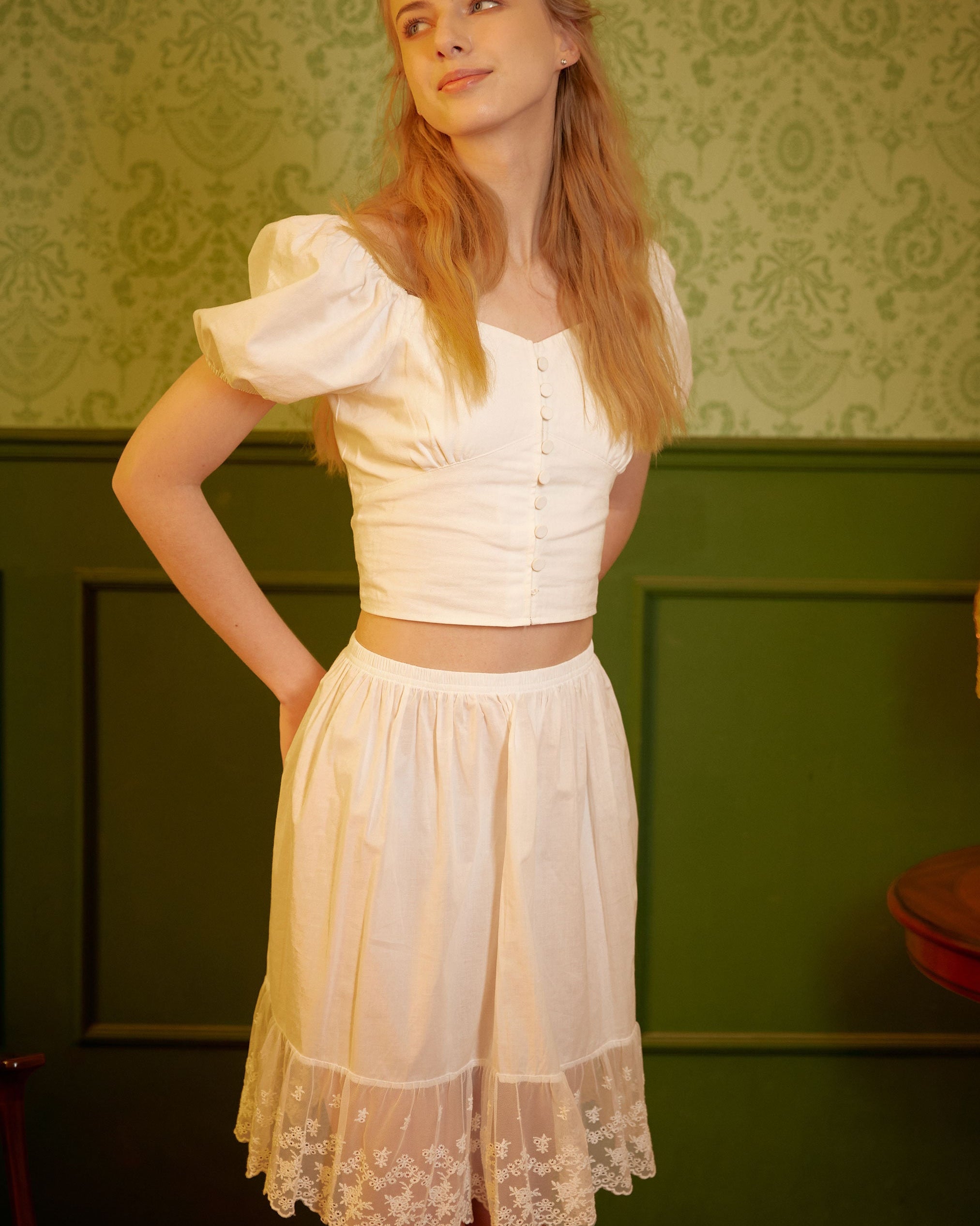 Skirt Extender Cotton White Petticoat with Lace Trim Half Slip Underskirt Ivory Knee Length