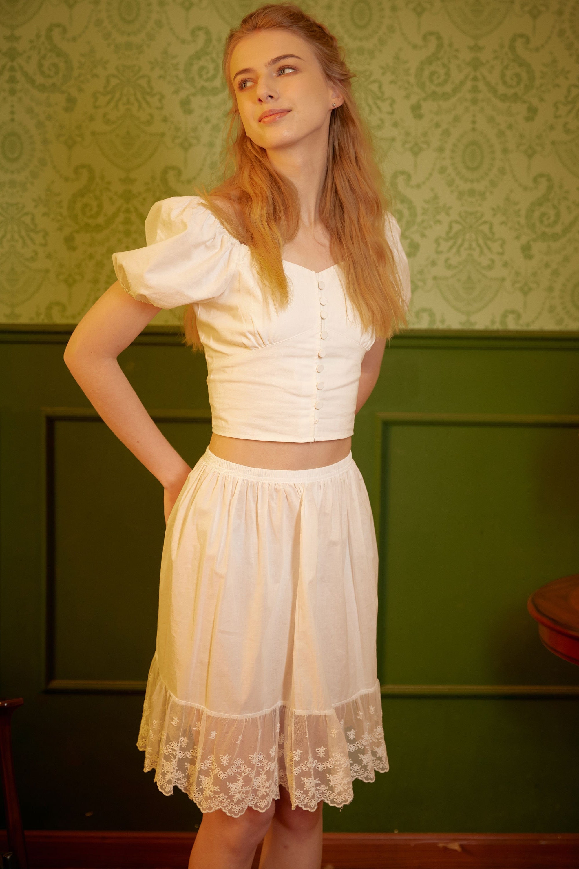 Skirt Extender Cotton White Petticoat with Lace Trim Half Slip Underskirt Ivory Knee Length