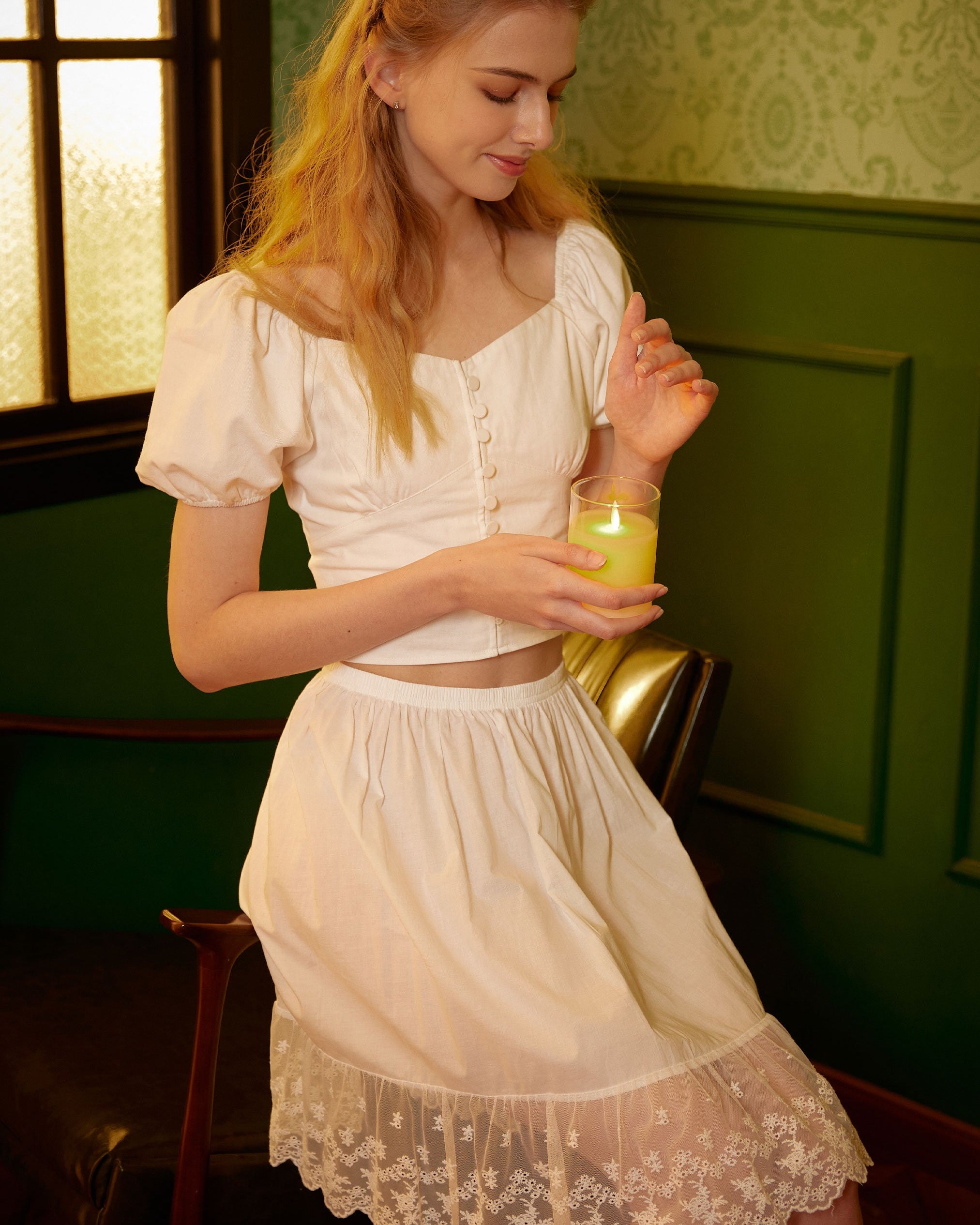 Skirt Extender Cotton White Petticoat with Lace Trim Half Slip Underskirt Ivory Knee Length