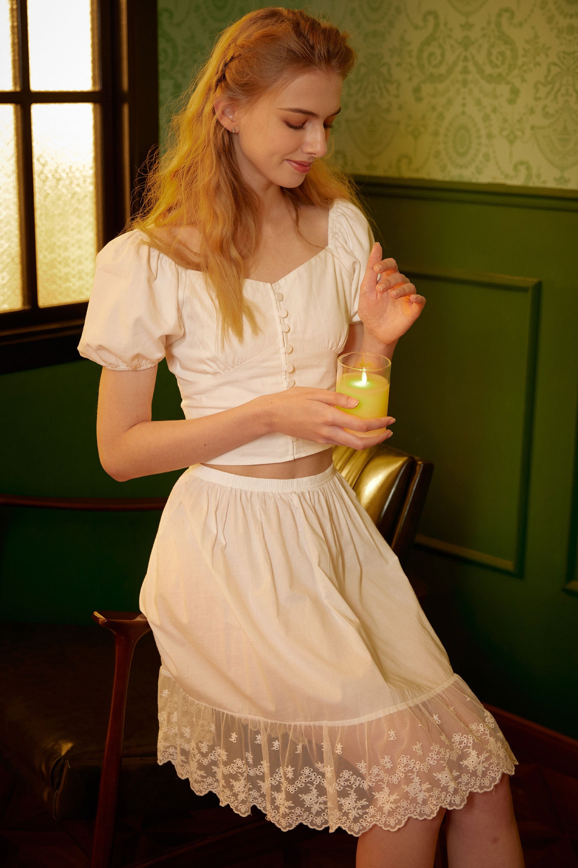 Skirt Extender Cotton White Petticoat with Lace Trim Half Slip Underskirt Ivory Knee Length
