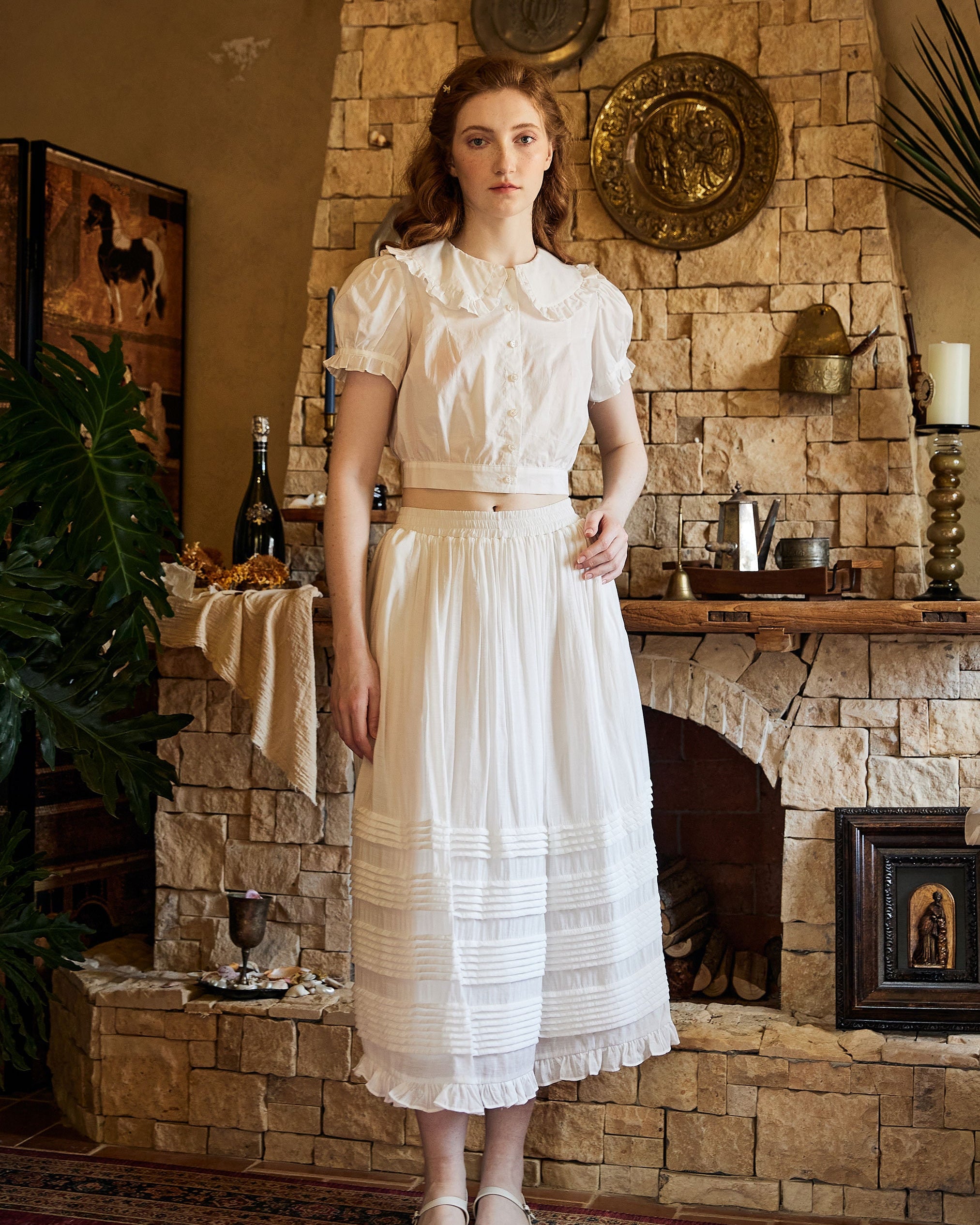 Victorian Style Pleated Skirt White Tiered Pocket Maxi Skirt Long Peasant Skirt Long Boho Skirt Ruffles Trim With Lining Flexible Waistband