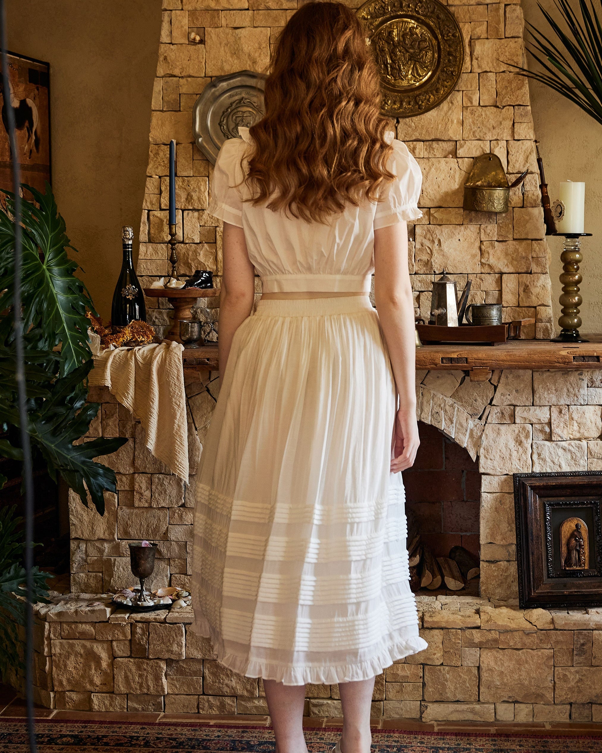 Victorian Style Pleated Skirt White Tiered Pocket Maxi Skirt Long Peasant Skirt Long Boho Skirt Ruffles Trim With Lining Flexible Waistband