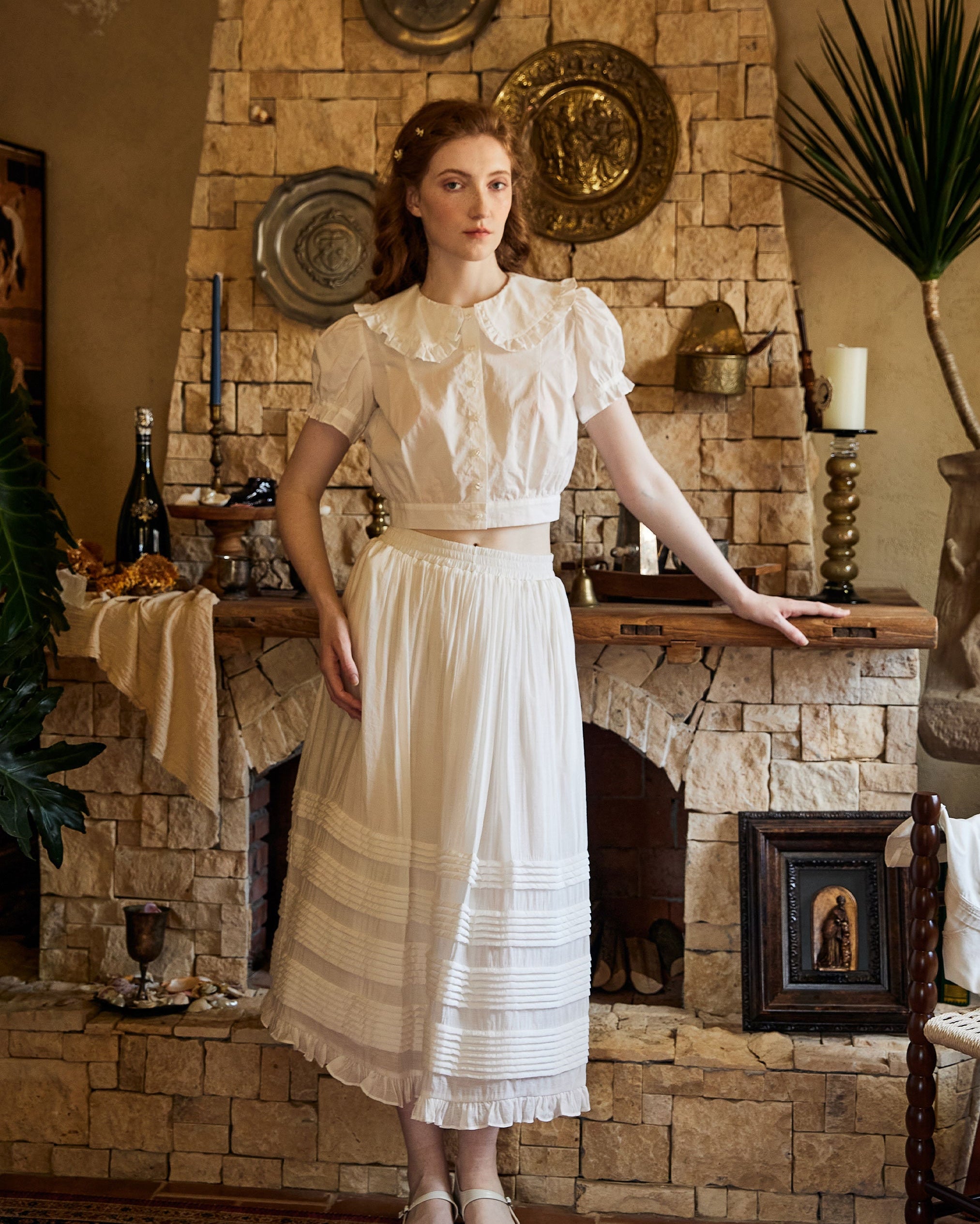 Victorian Style Pleated Skirt White Tiered Pocket Maxi Skirt Long Peasant Skirt Long Boho Skirt Ruffles Trim With Lining Flexible Waistband