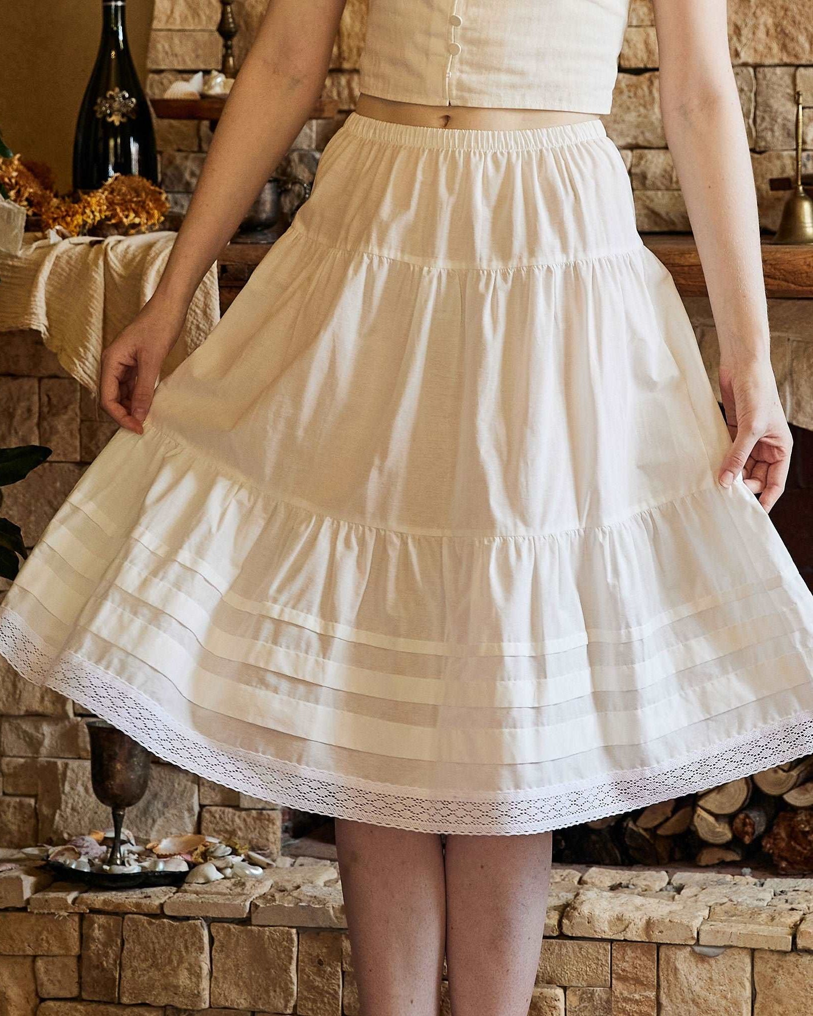 Cotton Victorian Style Skirt White Petticoat Slip Lace Edged Underskirt White Skirt Calf Length Petticoat Skirt